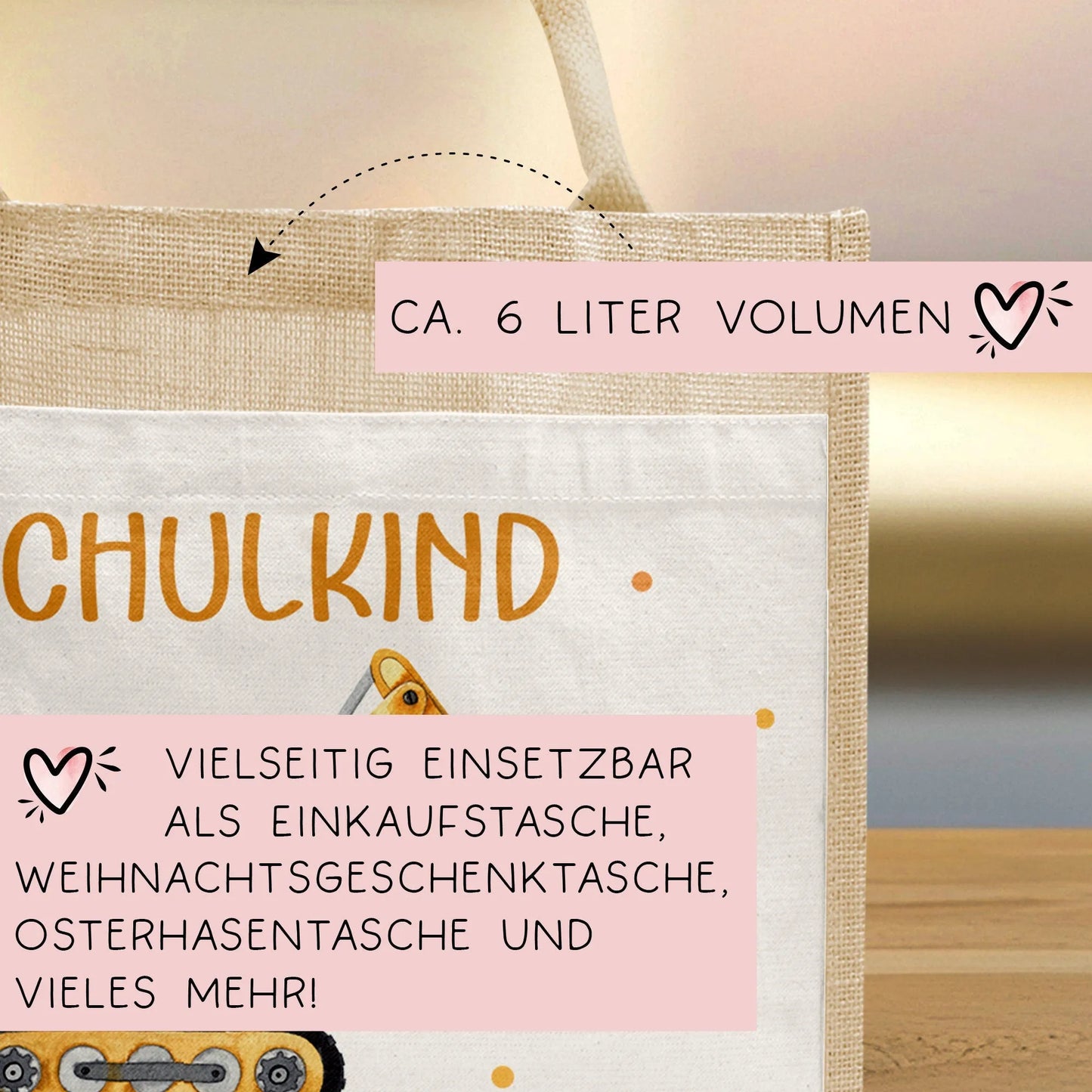 Bagger Schulkind 2024 Pocket Tasche mit Wunschnamen | 100% Jute | Schaufelbagger Baustelle | Geschenk Einschulung | Schultüte personalisiert kleinebuchstaben
