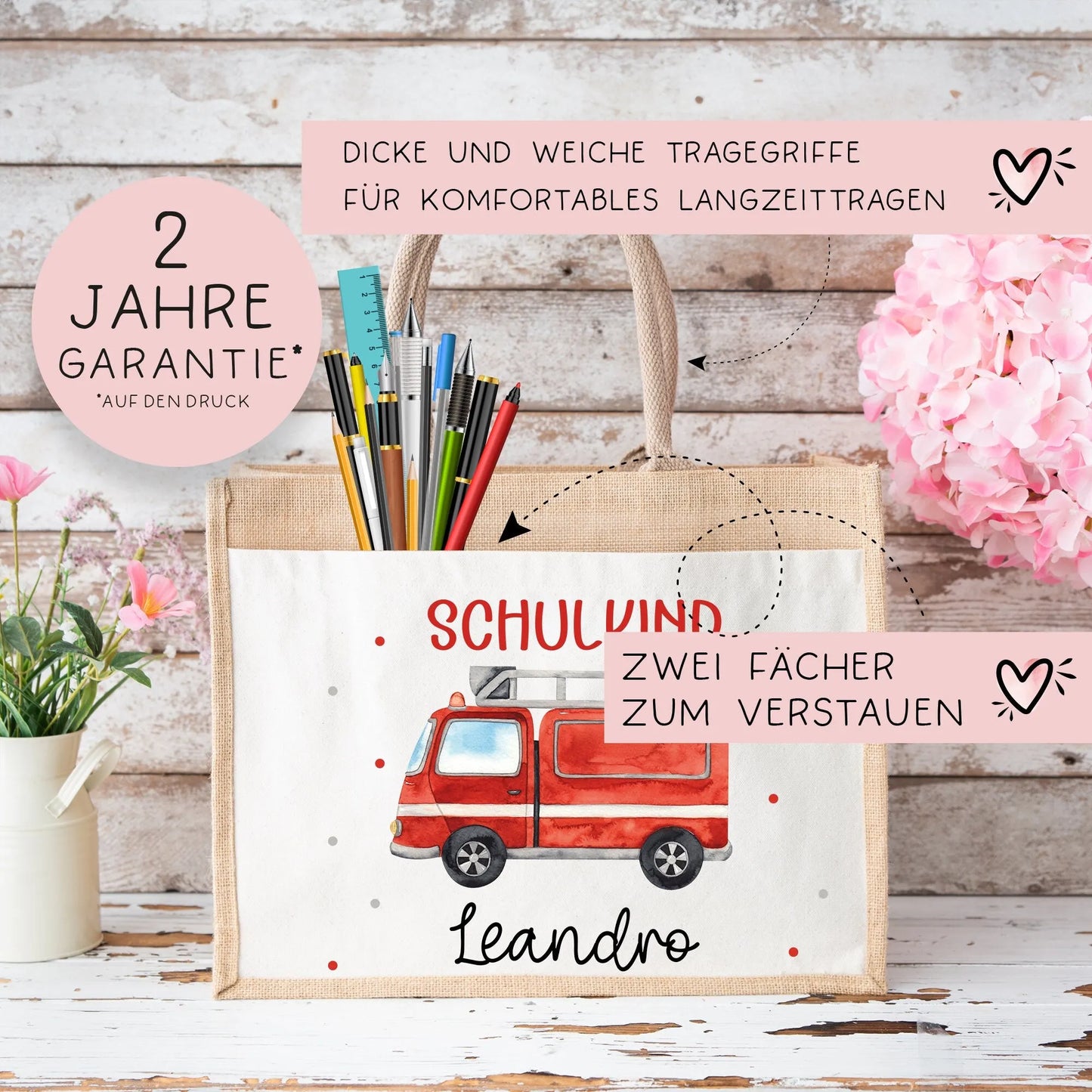 Feuerwehrauto Schulkind Tasche Wunschnamen 2024 | 100% Jute | Löschzug Brandwache | Geschenk Einschulung | Schultüte personalisiert | Schule kleinebuchstaben