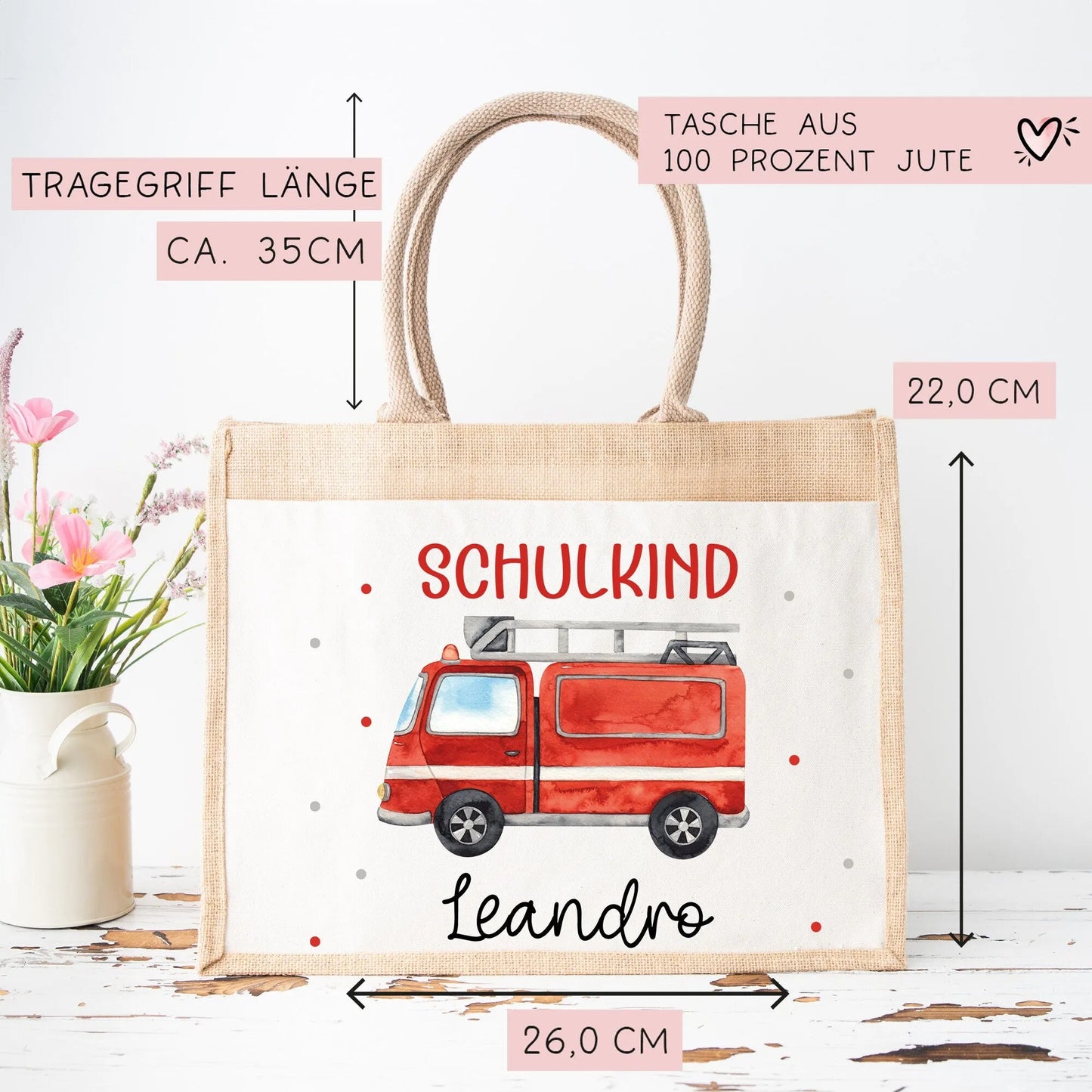 Feuerwehrauto Schulkind Tasche Wunschnamen 2024 | 100% Jute | Löschzug Brandwache | Geschenk Einschulung | Schultüte personalisiert | Schule kleinebuchstaben