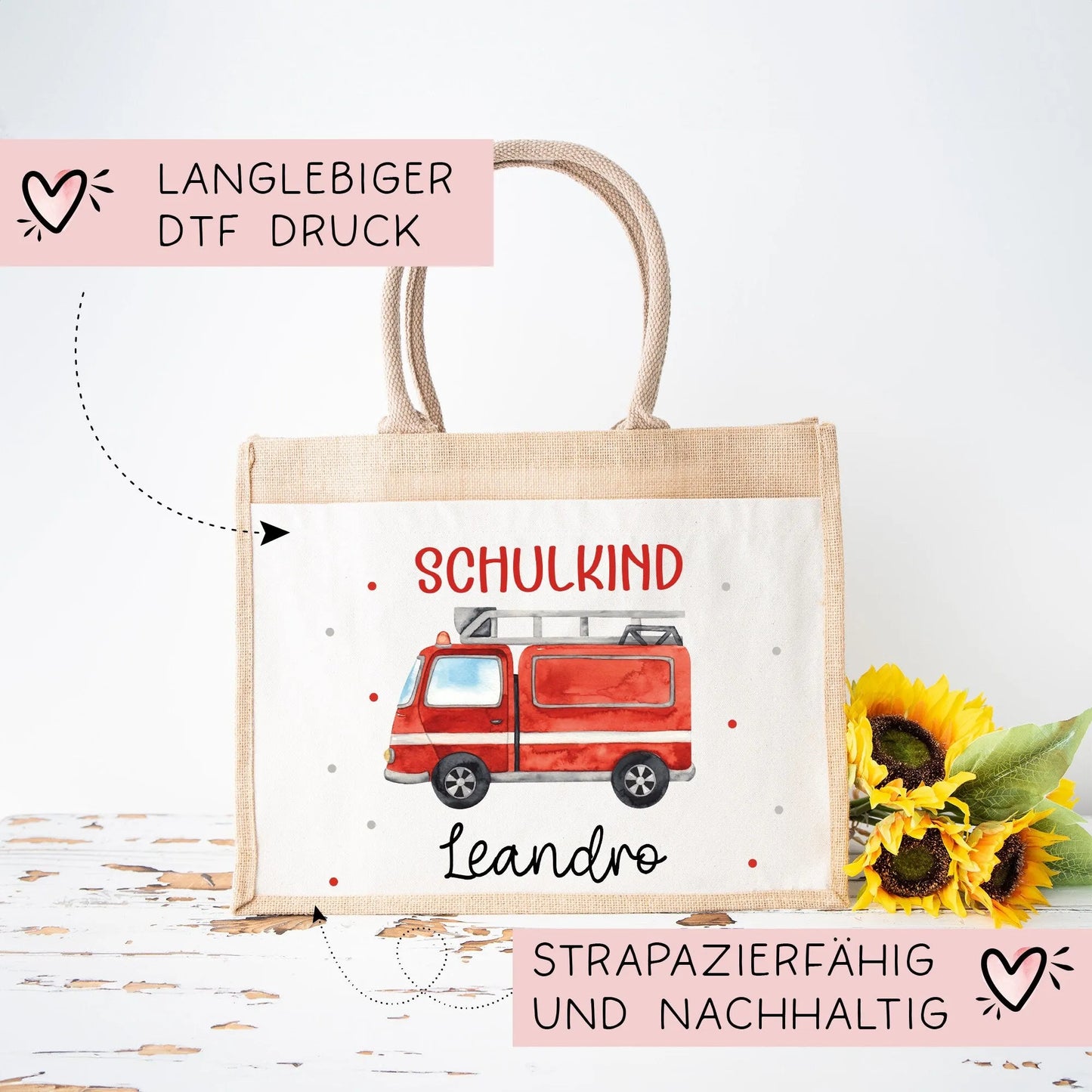 Feuerwehrauto Schulkind Tasche Wunschnamen 2024 | 100% Jute | Löschzug Brandwache | Geschenk Einschulung | Schultüte personalisiert | Schule kleinebuchstaben