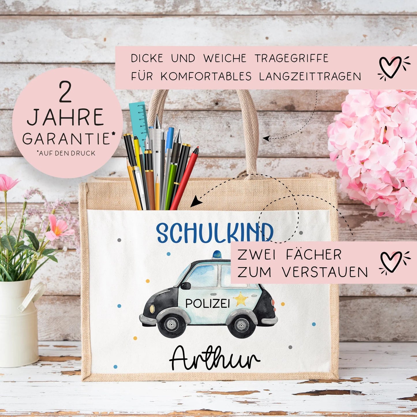 Polizeiwagen Schulkind Tasche Wunschnamen | 100% Jute | Streifenwagen Polizei | Geschenk Einschulung | Schultüte personalisiert | Schule kleinebuchstaben