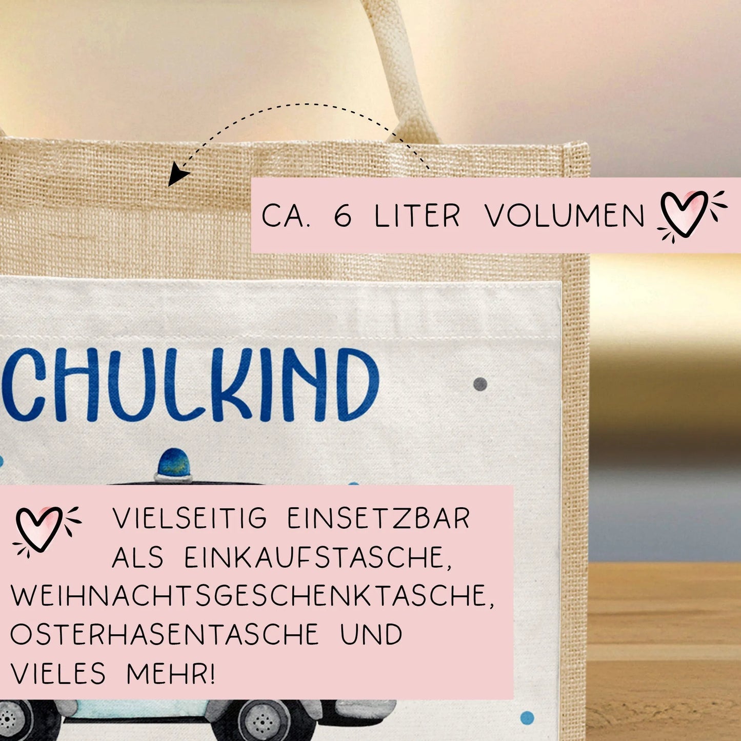 Polizeiwagen Schulkind Tasche Wunschnamen | 100% Jute | Streifenwagen Polizei | Geschenk Einschulung | Schultüte personalisiert | Schule kleinebuchstaben