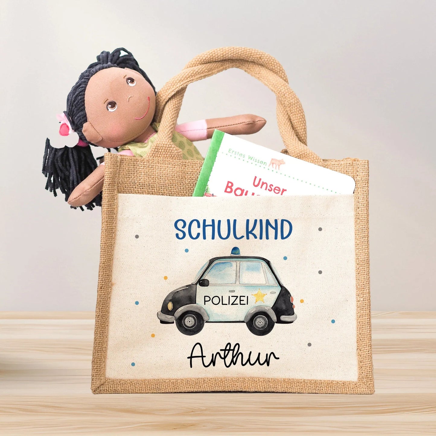 Polizeiwagen Schulkind Tasche Wunschnamen | 100% Jute | Streifenwagen Polizei | Geschenk Einschulung | Schultüte personalisiert | Schule kleinebuchstaben ohne Jahreszahl