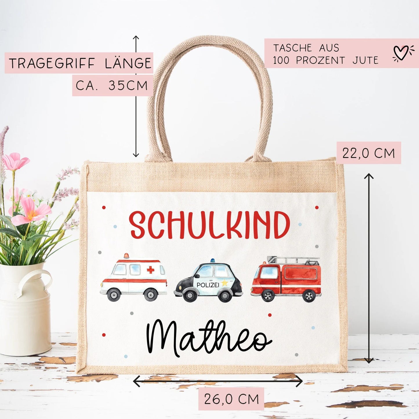 RTW Polizeiwagen Feuerwehr Krankenwagen Schulkind Tasche Wunschnamen | 100% Jute | Geschenk Einschulung | Schultüte personalisiert | Schule kleinebuchstaben