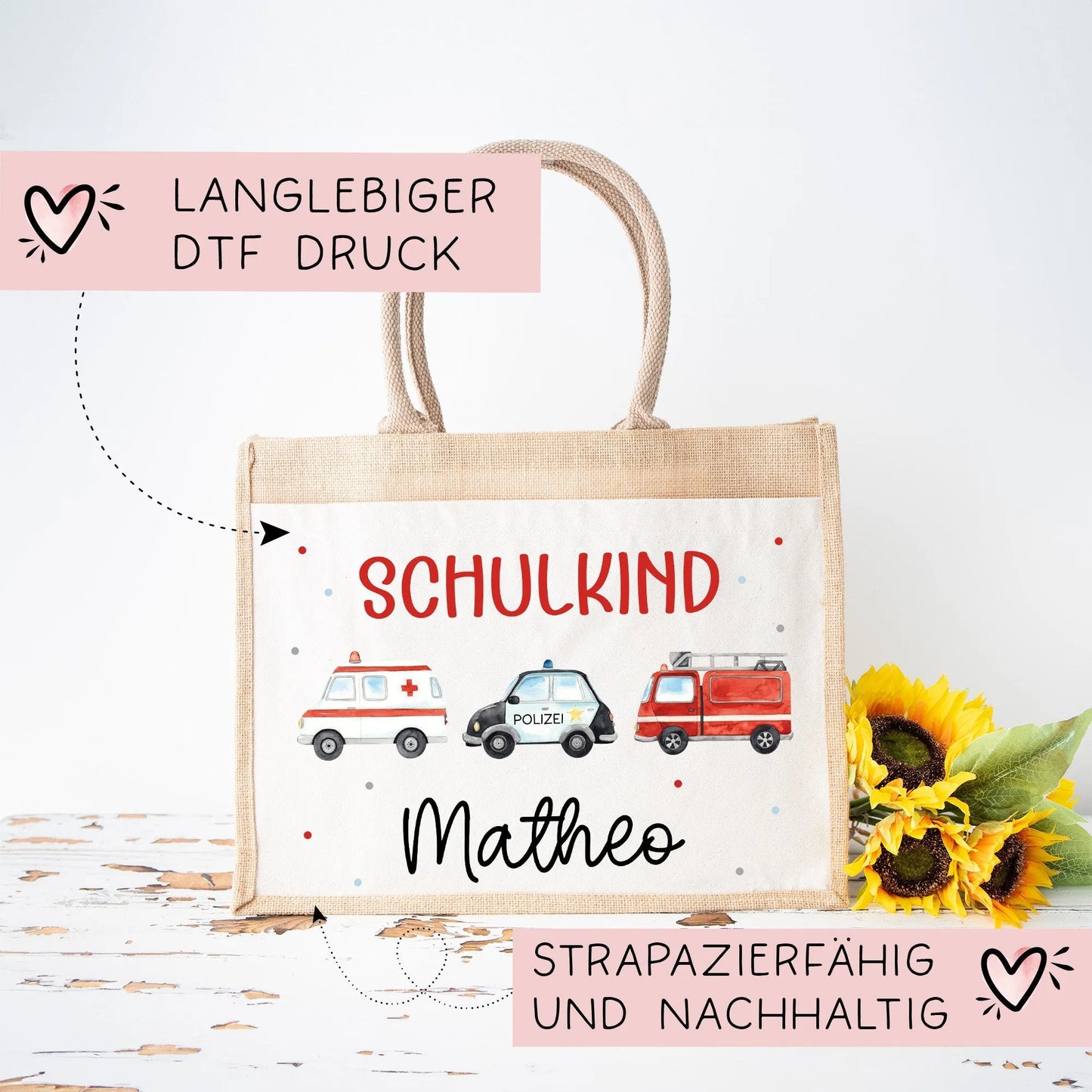 RTW Polizeiwagen Feuerwehr Krankenwagen Schulkind Tasche Wunschnamen | 100% Jute | Geschenk Einschulung | Schultüte personalisiert | Schule kleinebuchstaben