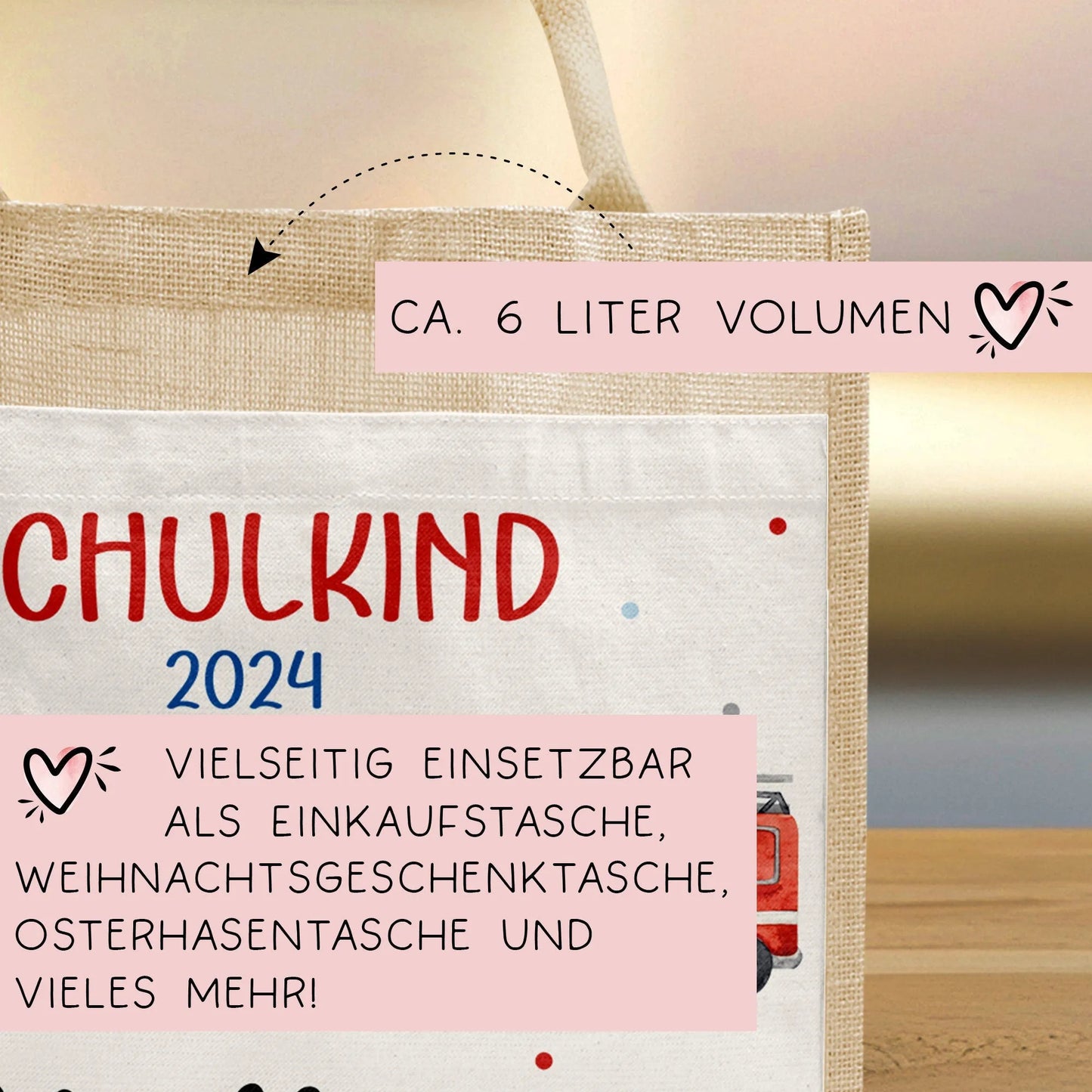 RTW Polizeiwagen Feuerwehr Krankenwagen Schulkind Tasche Wunschnamen | 100% Jute | Geschenk Einschulung | Schultüte personalisiert | Schule kleinebuchstaben