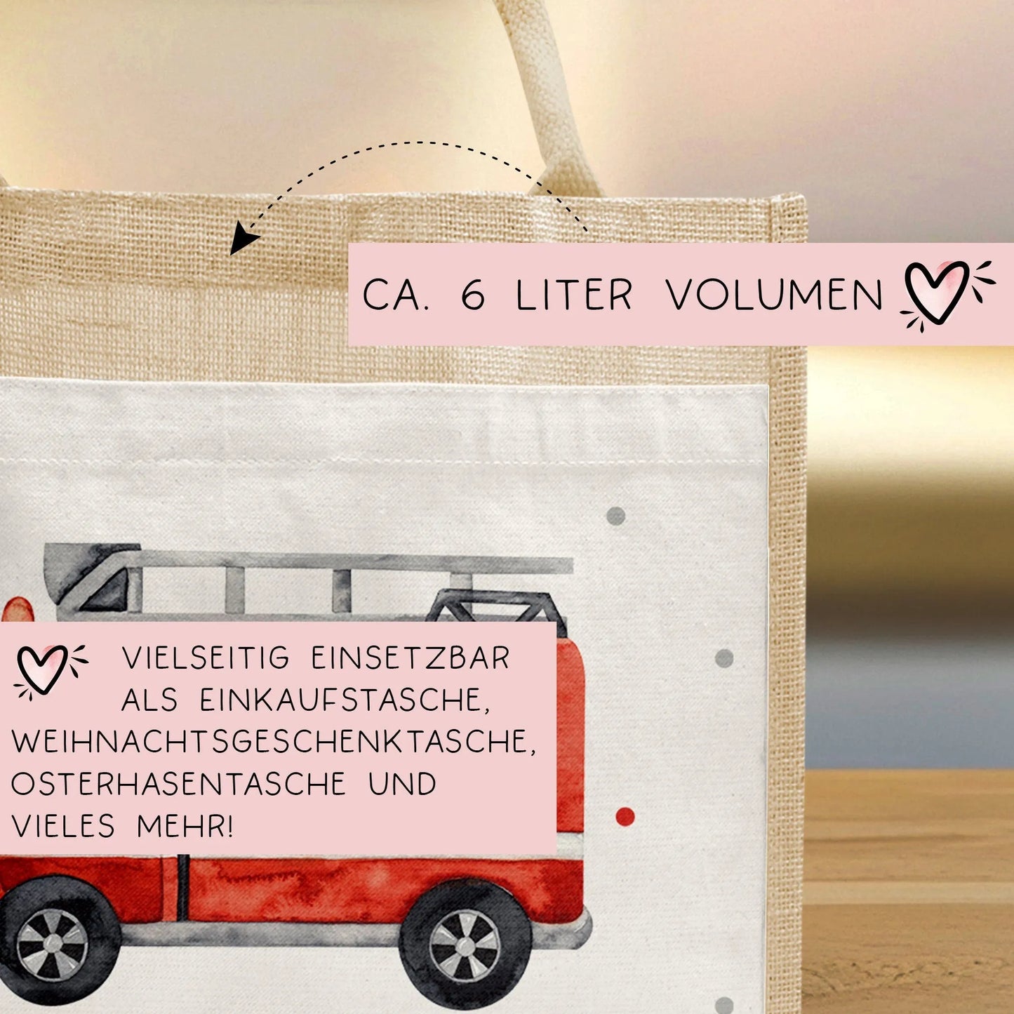 Feuerwehrwagen Pocket Tasche Wunschnamen | 100% Jute | Feuerwehrauto Löschfahrzeug | Geschenk zum Geburtstag, Nikolaus, Weihnachten Ostern kleinebuchstaben