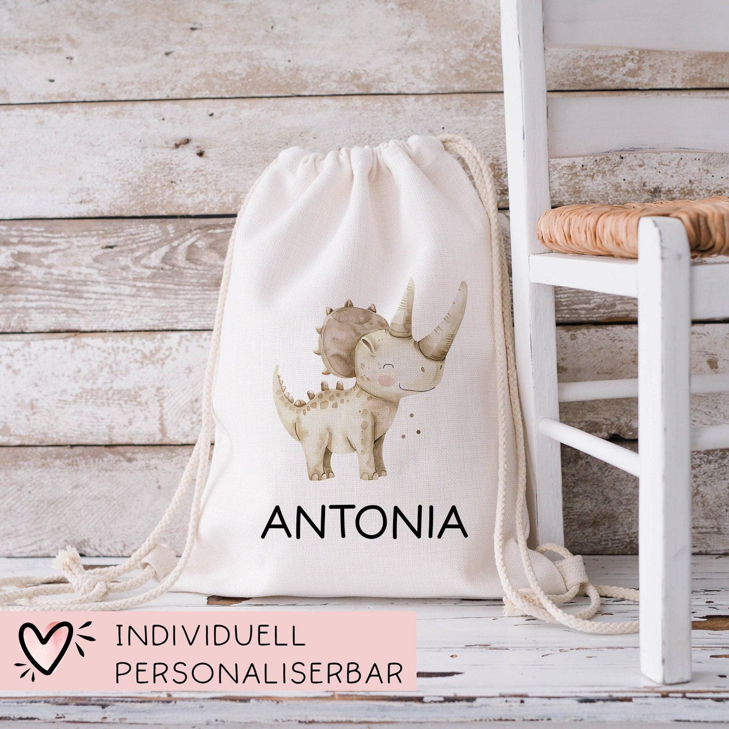 Personalisierter Turnbeutel Dinosaurier Dino "Styracosaurus" mit Wunschnamen |Rucksack Schule, Kindergarten, KITA, Wäschebeutel,Sportbeutel kleinebuchstaben