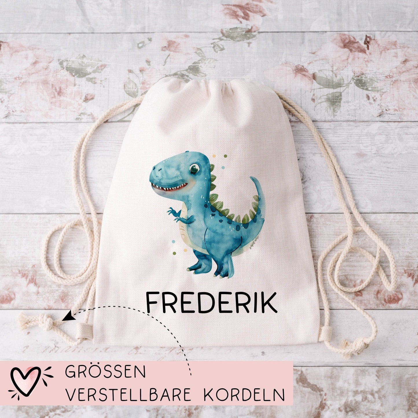 Tyrannosaurus Rex Turnbeutel Dino Dinosaurier Personalisierter mit Wunschnamen | Rucksack Schule, Kindergarten,KITA,Wäschebeutel,Sportbeutel kleinebuchstaben