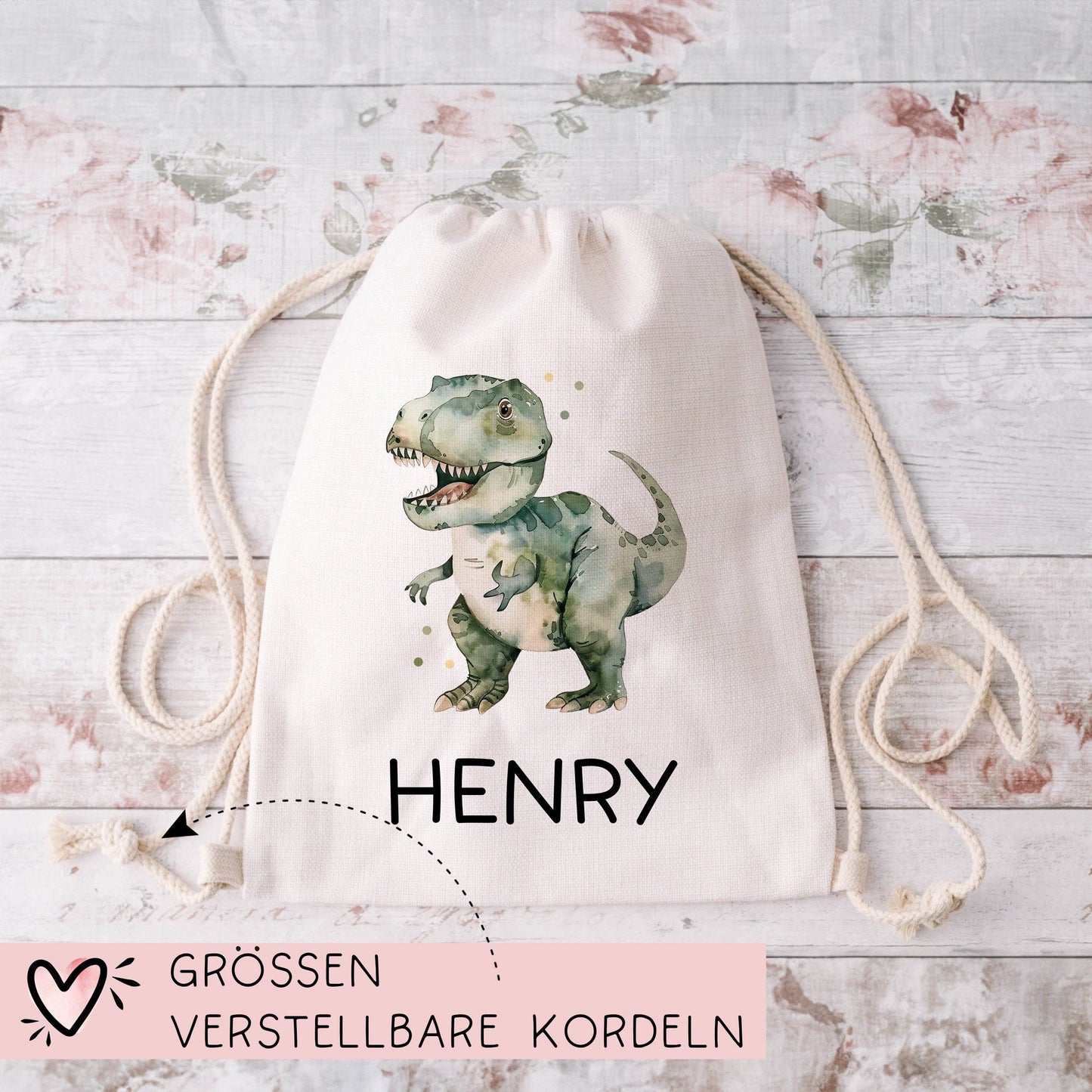 Tyrannosaurus Rex Turnbeutel Dino Dinosaurier Personalisiert mit Wunschnamen | Rucksack Schule, Kindergarten, KITA, Wäschebeutel,Sportbeutel kleinebuchstaben