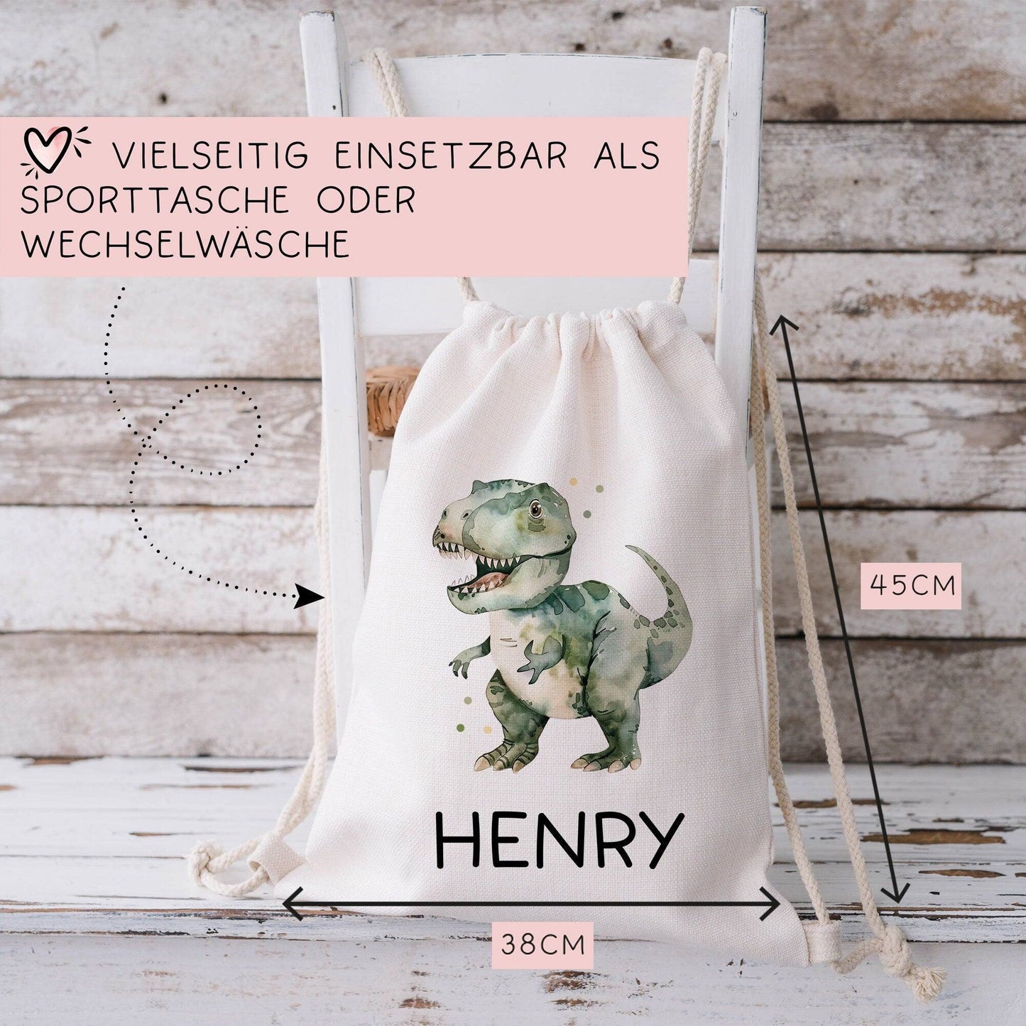 Tyrannosaurus Rex Turnbeutel Dino Dinosaurier Personalisiert mit Wunschnamen | Rucksack Schule, Kindergarten, KITA, Wäschebeutel,Sportbeutel kleinebuchstaben