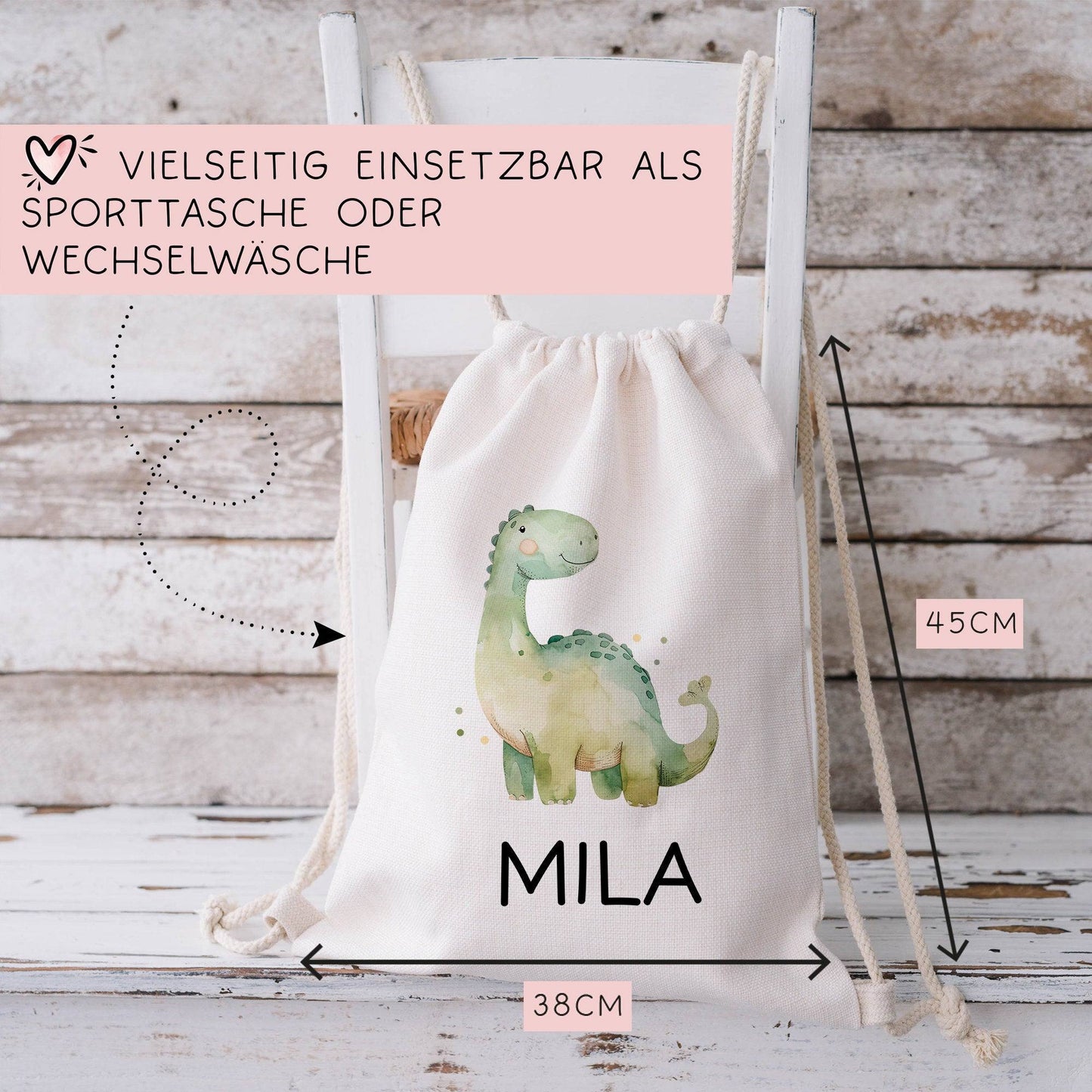 Brontosaurus Turnbeutel Dino Dinosaurier Personalisiert mit Wunschnamen | Rucksack Schule, Kindergarten, KITA, Wäschebeutel, Sportbeutel kleinebuchstaben