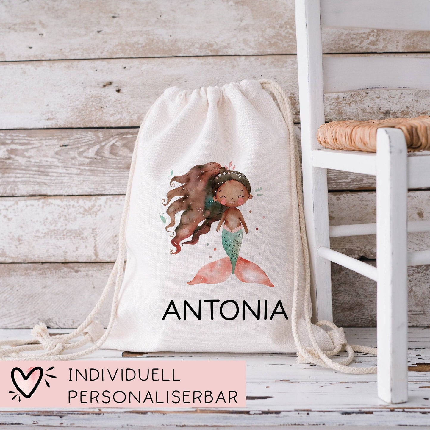 Personalisierter Turnbeutel Meerjungfrau | Nixe mit Wunschnamen Rucksack Schule, Kindergarten, KITA, Wäschebeutel, Sportbeutel,Wechselwäsche kleinebuchstaben