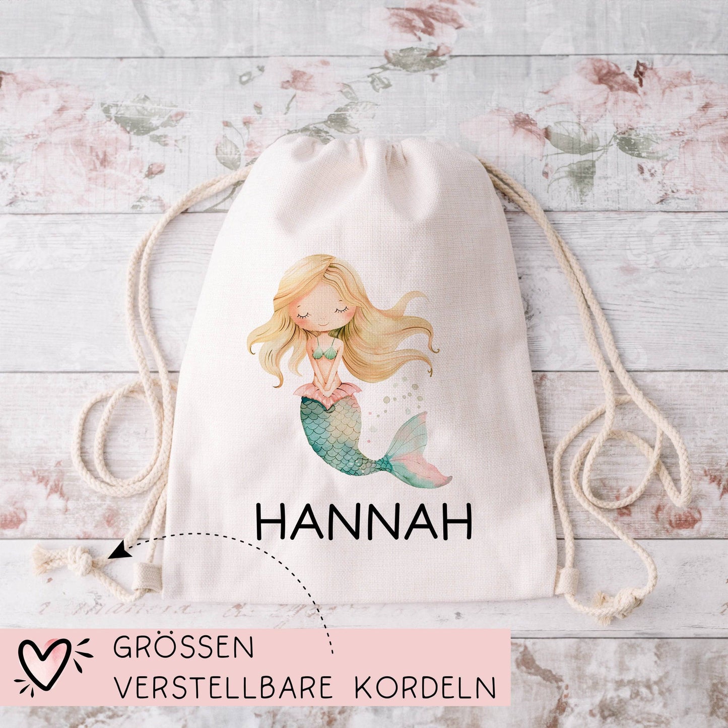 Meerjungfrau Wunschname Turnbeutel | Nixe Personalisiert - Rucksack Schule, Kindergarten, KITA, Wäschebeutel, Turnbeutel, Wechselwäsche - 06 kleinebuchstaben