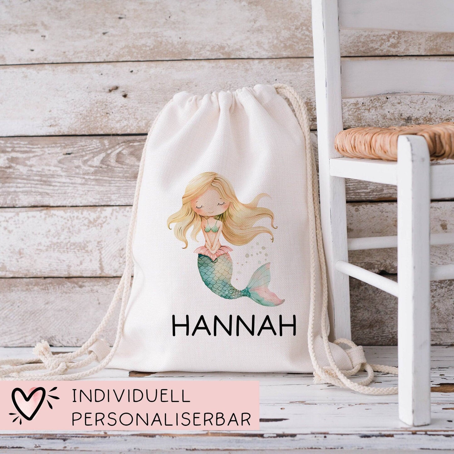Meerjungfrau Wunschname Turnbeutel | Nixe Personalisiert - Rucksack Schule, Kindergarten, KITA, Wäschebeutel, Turnbeutel, Wechselwäsche - 06 kleinebuchstaben
