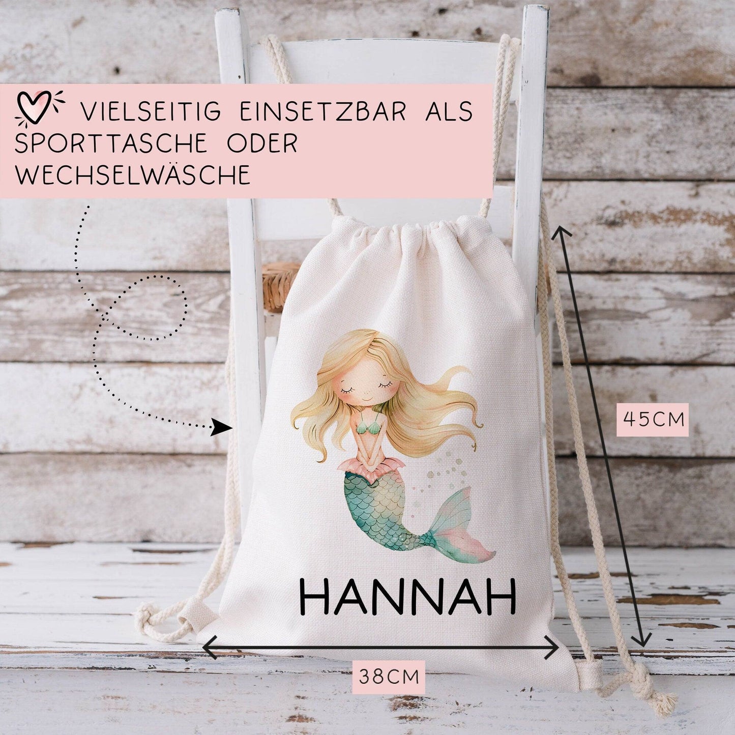 Meerjungfrau Wunschname Turnbeutel | Nixe Personalisiert - Rucksack Schule, Kindergarten, KITA, Wäschebeutel, Turnbeutel, Wechselwäsche - 06 kleinebuchstaben