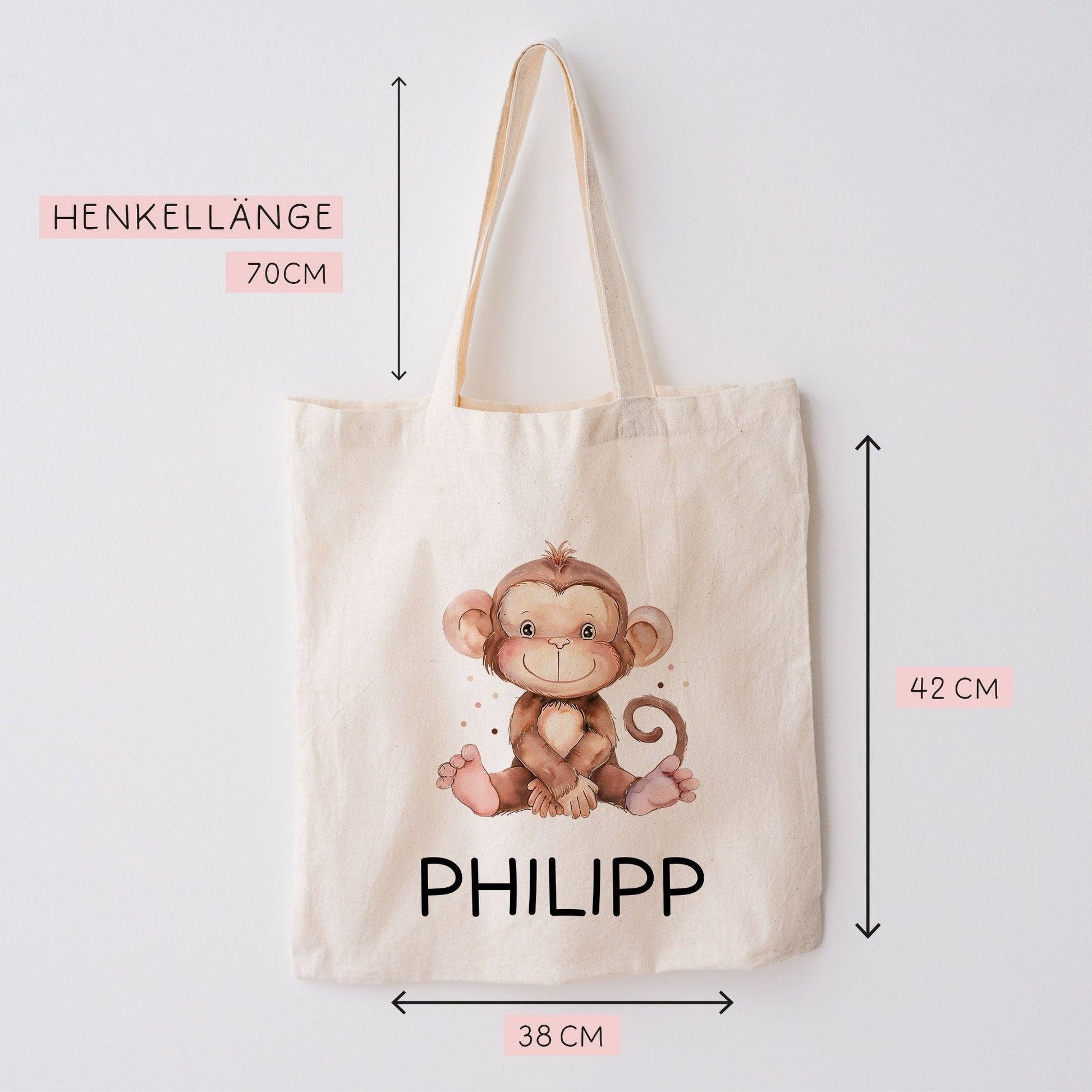 Kinder-Beutel mit Namen personalisiert - Affe - Stofftasche als Sporttasche, Wechselwäsche, Tragetasche - Kita, Kiga, Schule & Kindergarten  kleinebuchstaben