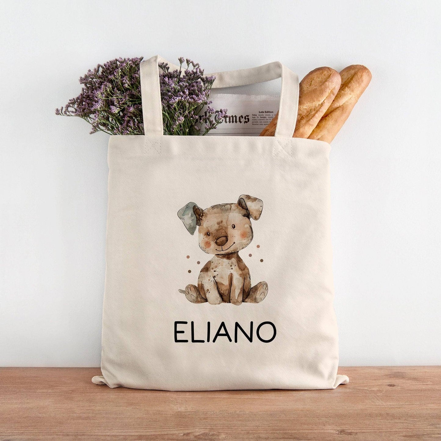 Kinder-Beutel mit Namen personalisiert - Hund - Stofftasche als Sporttasche, Wechselwäsche, Tragetasche - Kita, Kiga, Schule & Kindergarten kleinebuchstaben