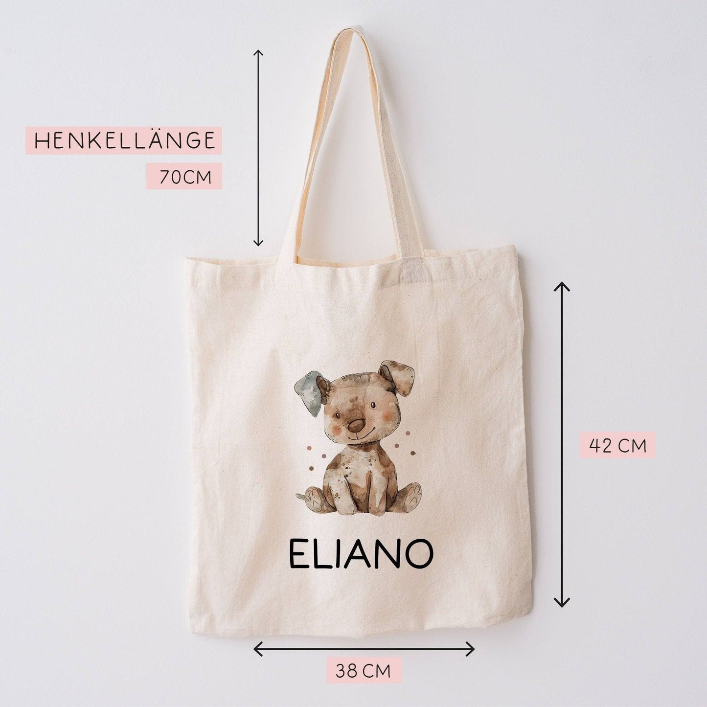 Kinder-Beutel mit Namen personalisiert - Hund - Stofftasche als Sporttasche, Wechselwäsche, Tragetasche - Kita, Kiga, Schule & Kindergarten kleinebuchstaben