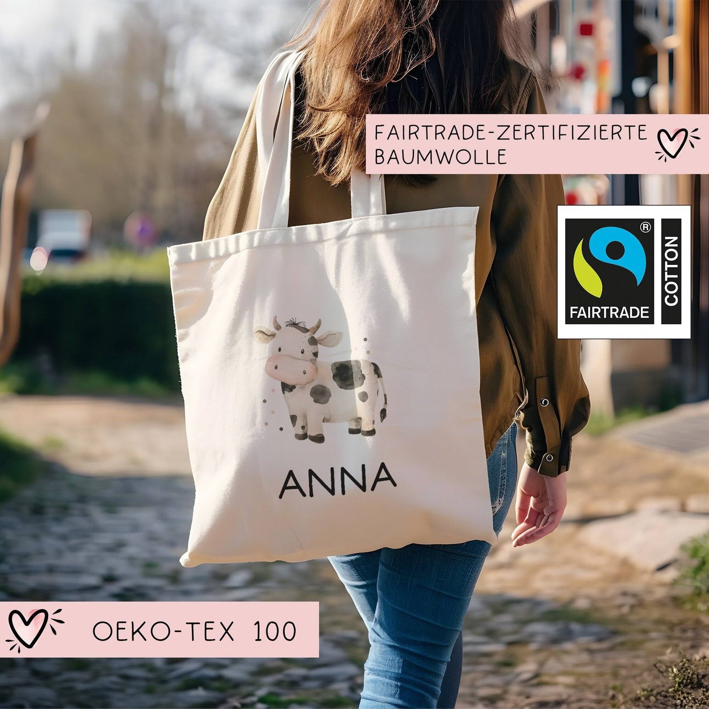 Stofftasche Kuh mit Namen personalisiert Kinder-Beutel als Sporttasche, Wechselwäsche, Stoffbeutel - Kita, Kiga, Schule & Kindergarten kleinebuchstaben