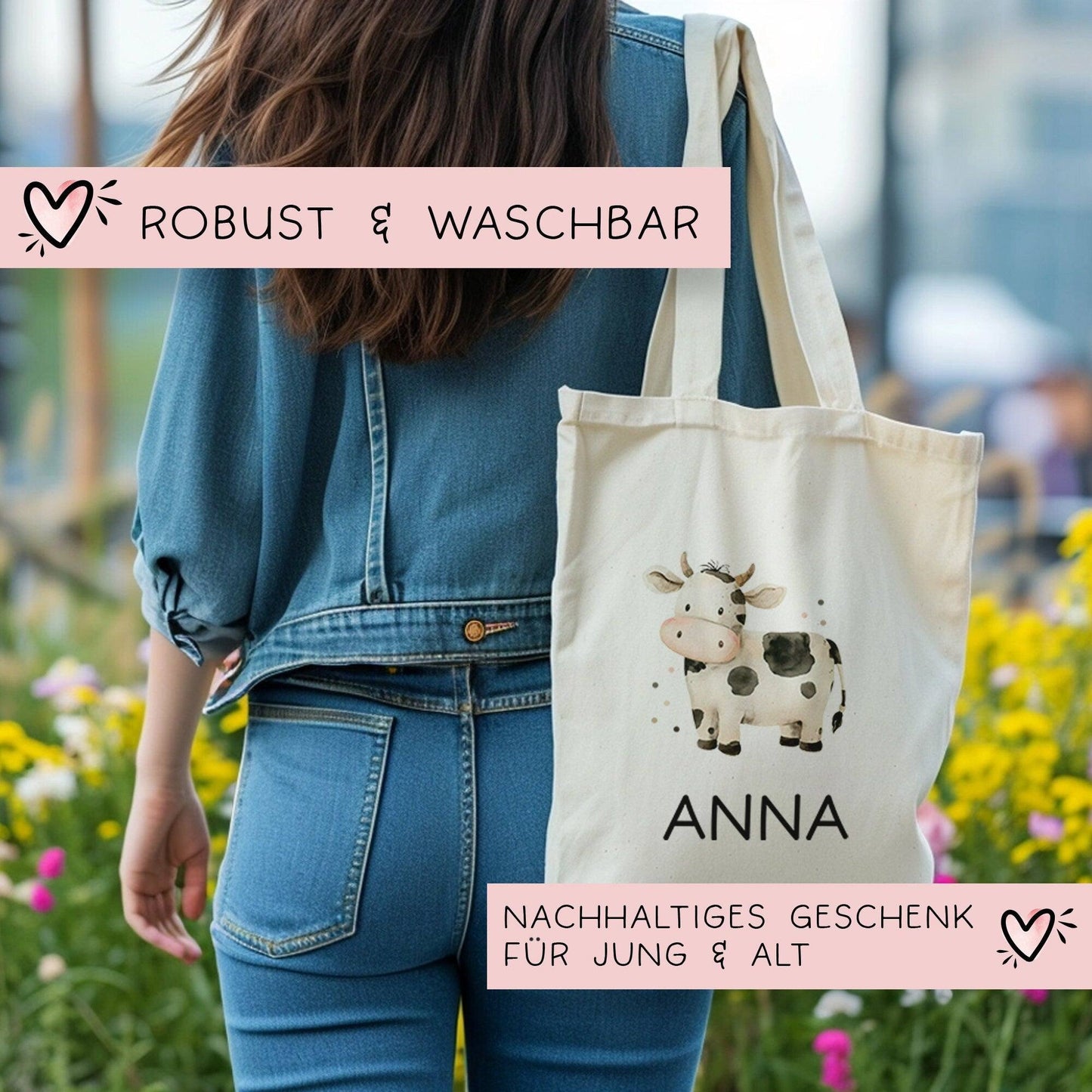 Stofftasche Kuh mit Namen personalisiert Kinder-Beutel als Sporttasche, Wechselwäsche, Stoffbeutel - Kita, Kiga, Schule & Kindergarten kleinebuchstaben