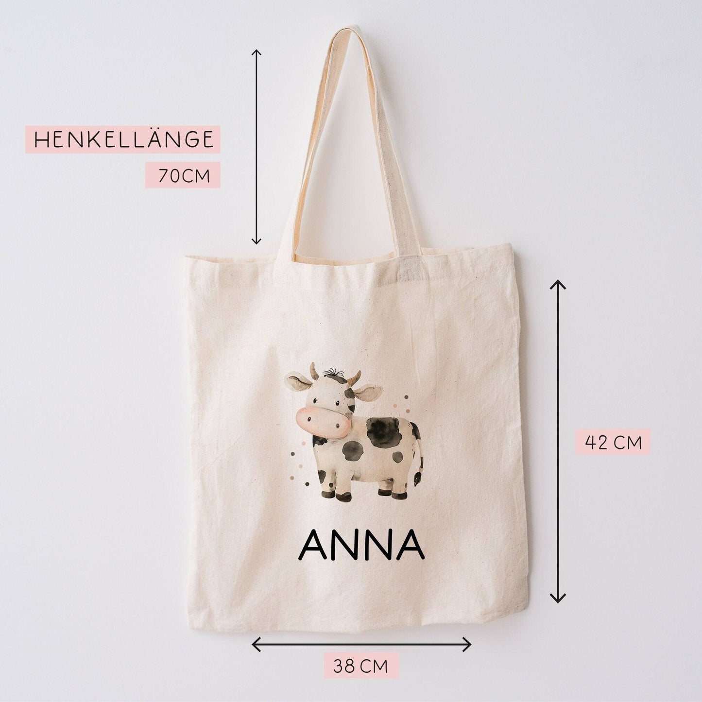 Stofftasche Kuh mit Namen personalisiert Kinder-Beutel als Sporttasche, Wechselwäsche, Stoffbeutel - Kita, Kiga, Schule & Kindergarten kleinebuchstaben