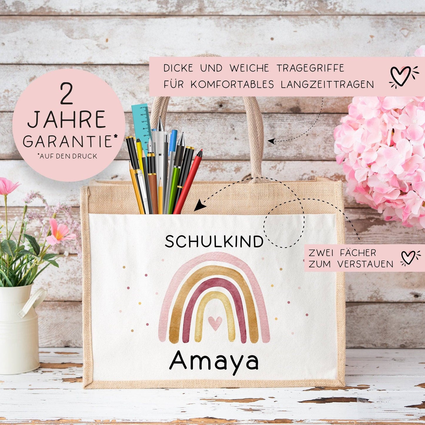 Personalisierte Einschulung Jute Pocket Tasche | mit Wunschnamen | Schulkind Regenbogen Herz als Geschenktasche für Schulanfang - 1 Schultag kleinebuchstaben