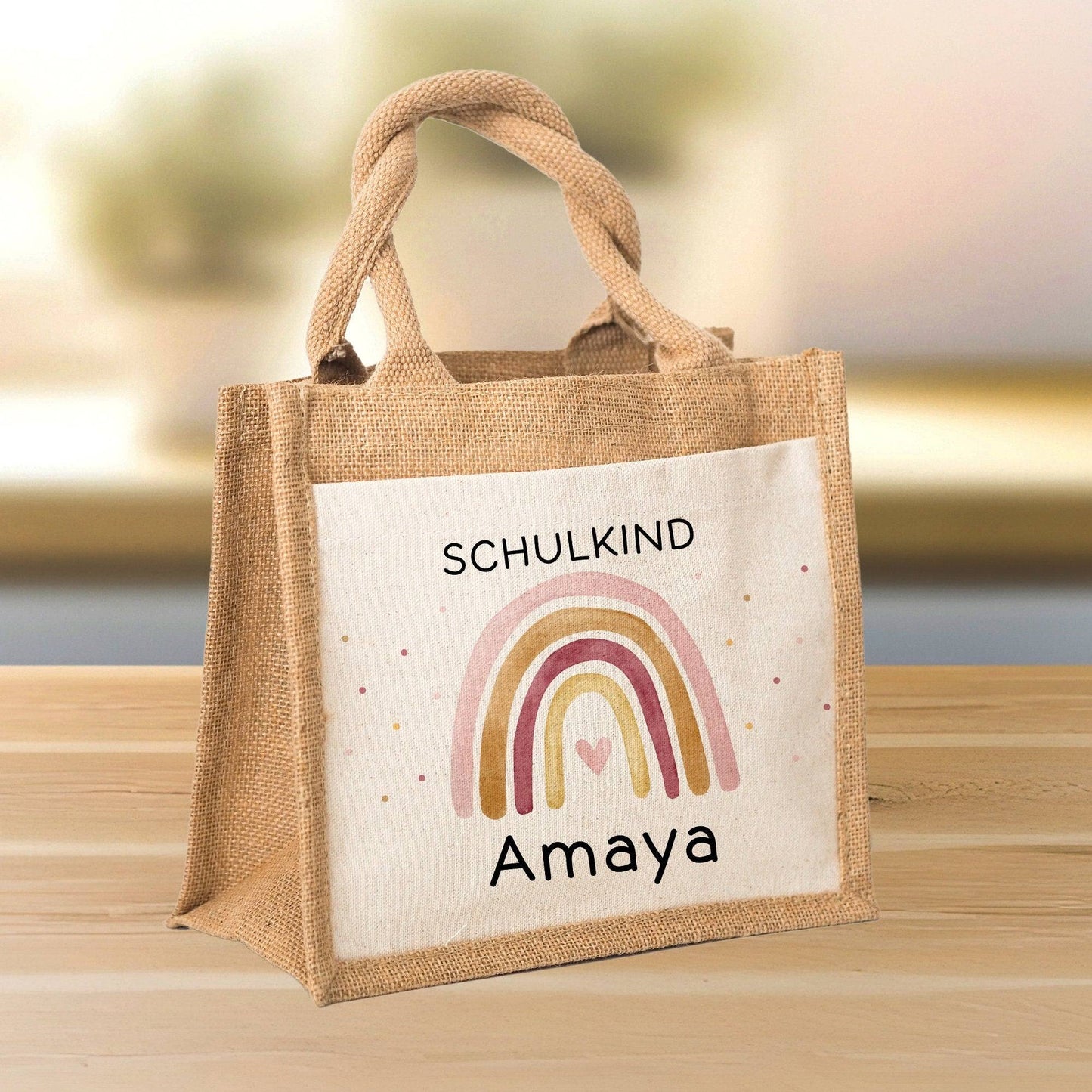 Personalisierte Einschulung Jute Pocket Tasche | mit Wunschnamen | Schulkind Regenbogen Herz als Geschenktasche für Schulanfang - 1 Schultag kleinebuchstaben
