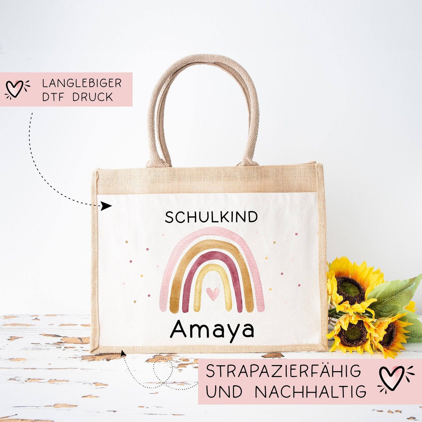 Personalisierte Einschulung Jute Pocket Tasche | mit Wunschnamen | Schulkind Regenbogen Herz als Geschenktasche für Schulanfang - 1 Schultag kleinebuchstaben
