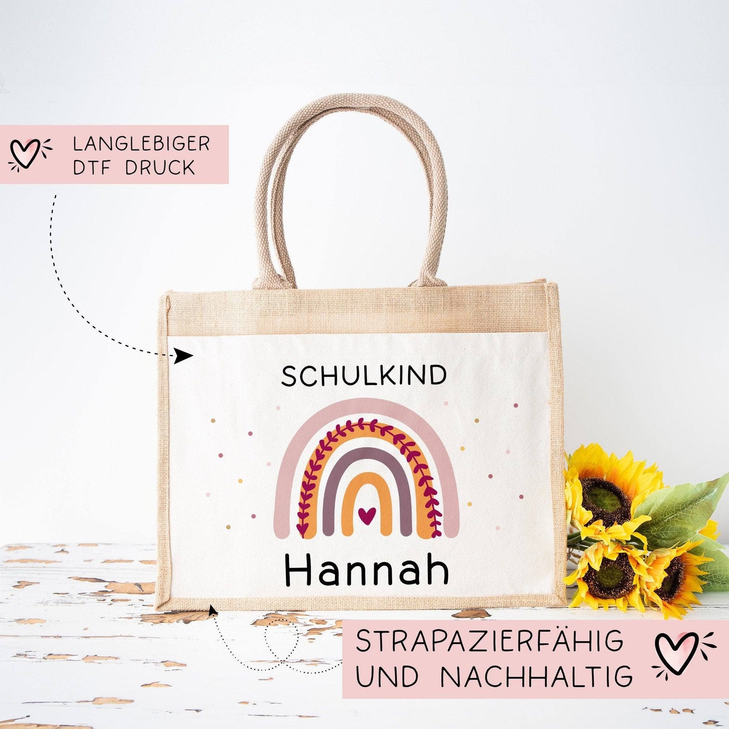 Geschenkidee zur Einschulung Tasche Regenbogen Schulkind mit Wunschnamen | Jute Pocket | Personalisiert | Geschenktasche für Schulanfang kleinebuchstaben
