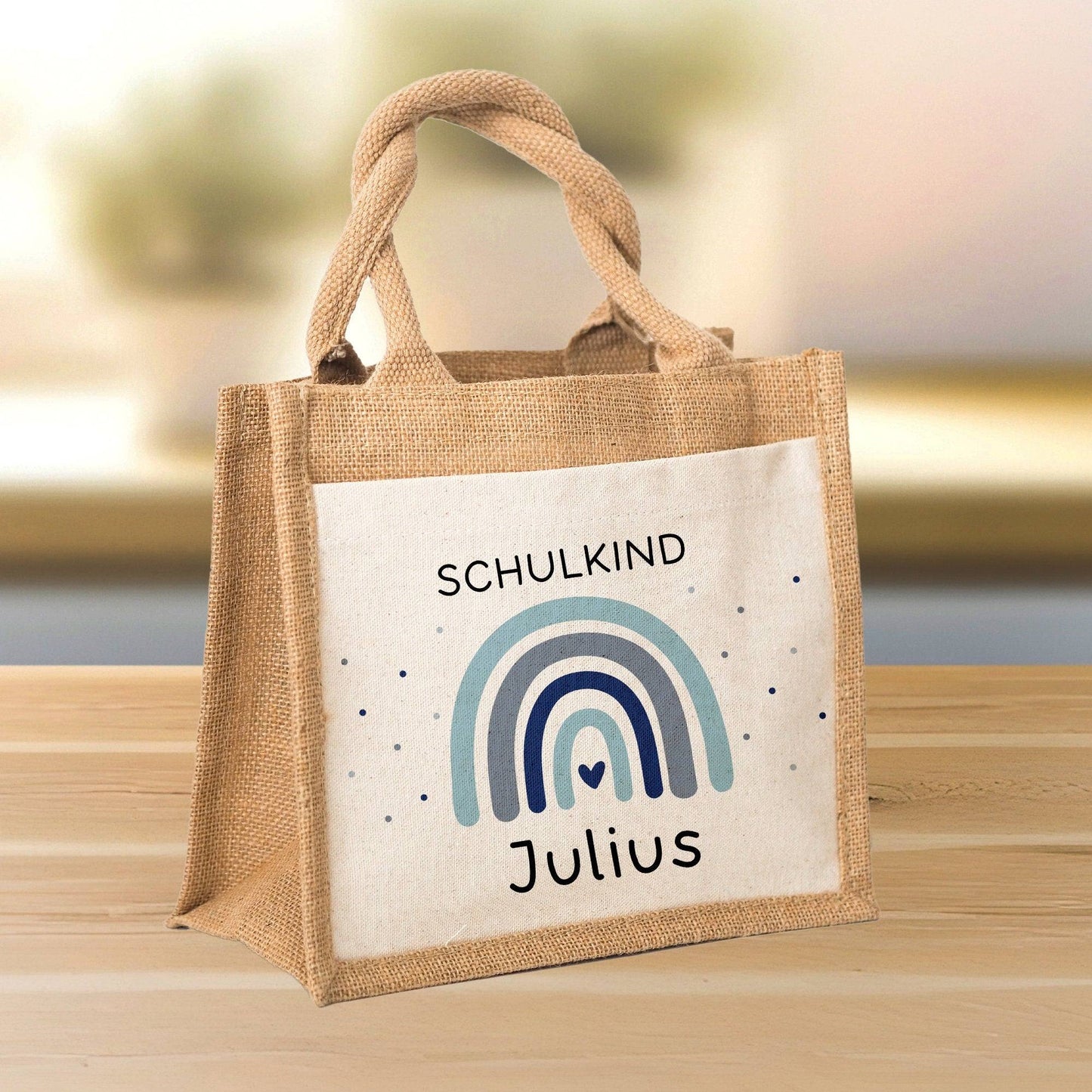 Einschulung - Personalisierte Jute Pocket Tasche | mit Wunschnamen | Schulkind Regenbogen Herz | Blau | als Geschenktasche für Schulanfang kleinebuchstaben