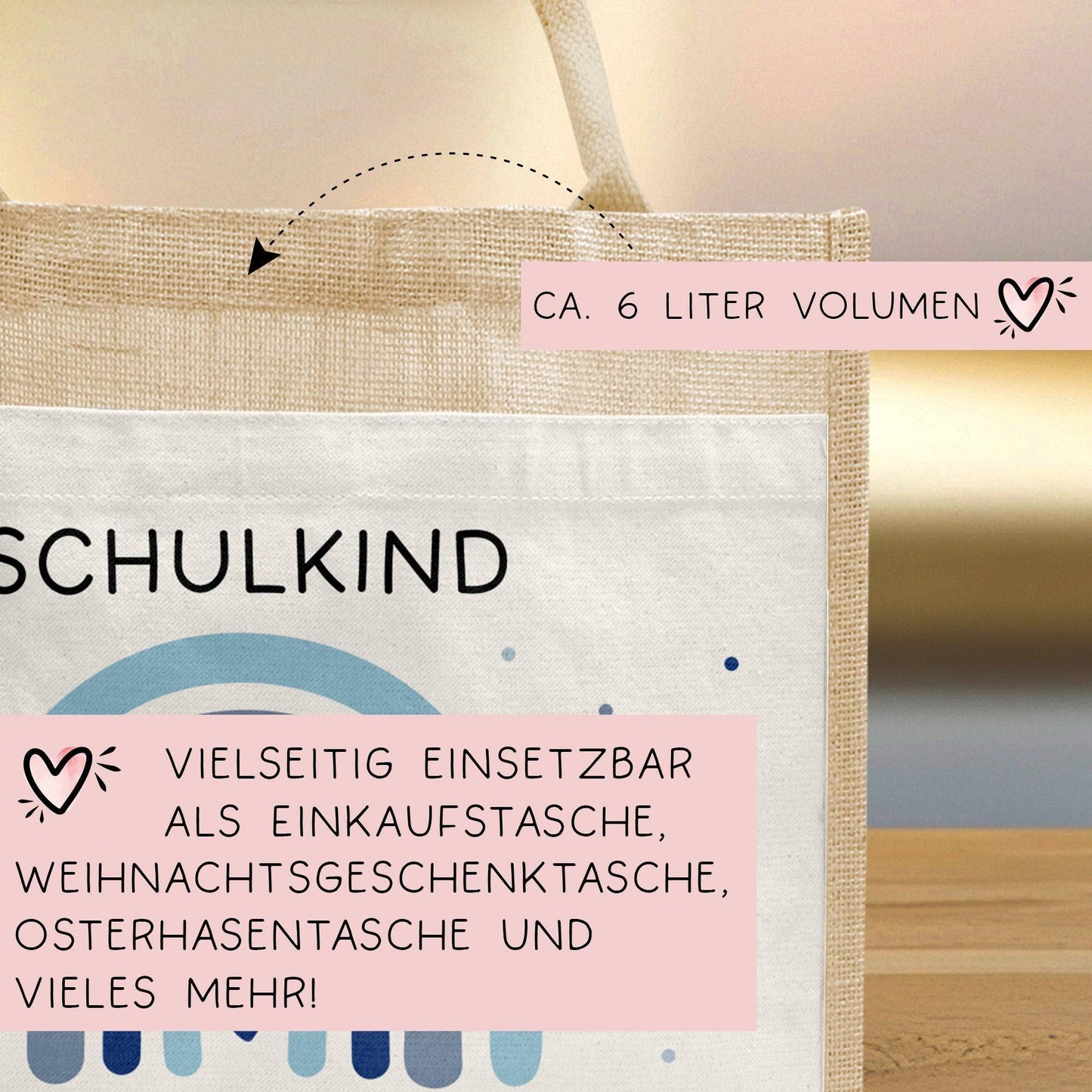 Einschulung - Personalisierte Jute Pocket Tasche | mit Wunschnamen | Schulkind Regenbogen Herz | Blau | als Geschenktasche für Schulanfang kleinebuchstaben