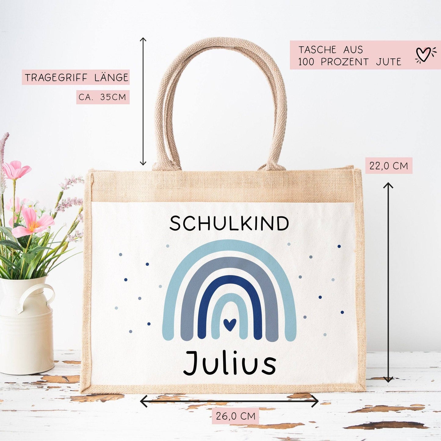 Einschulung - Personalisierte Jute Pocket Tasche | mit Wunschnamen | Schulkind Regenbogen Herz | Blau | als Geschenktasche für Schulanfang kleinebuchstaben