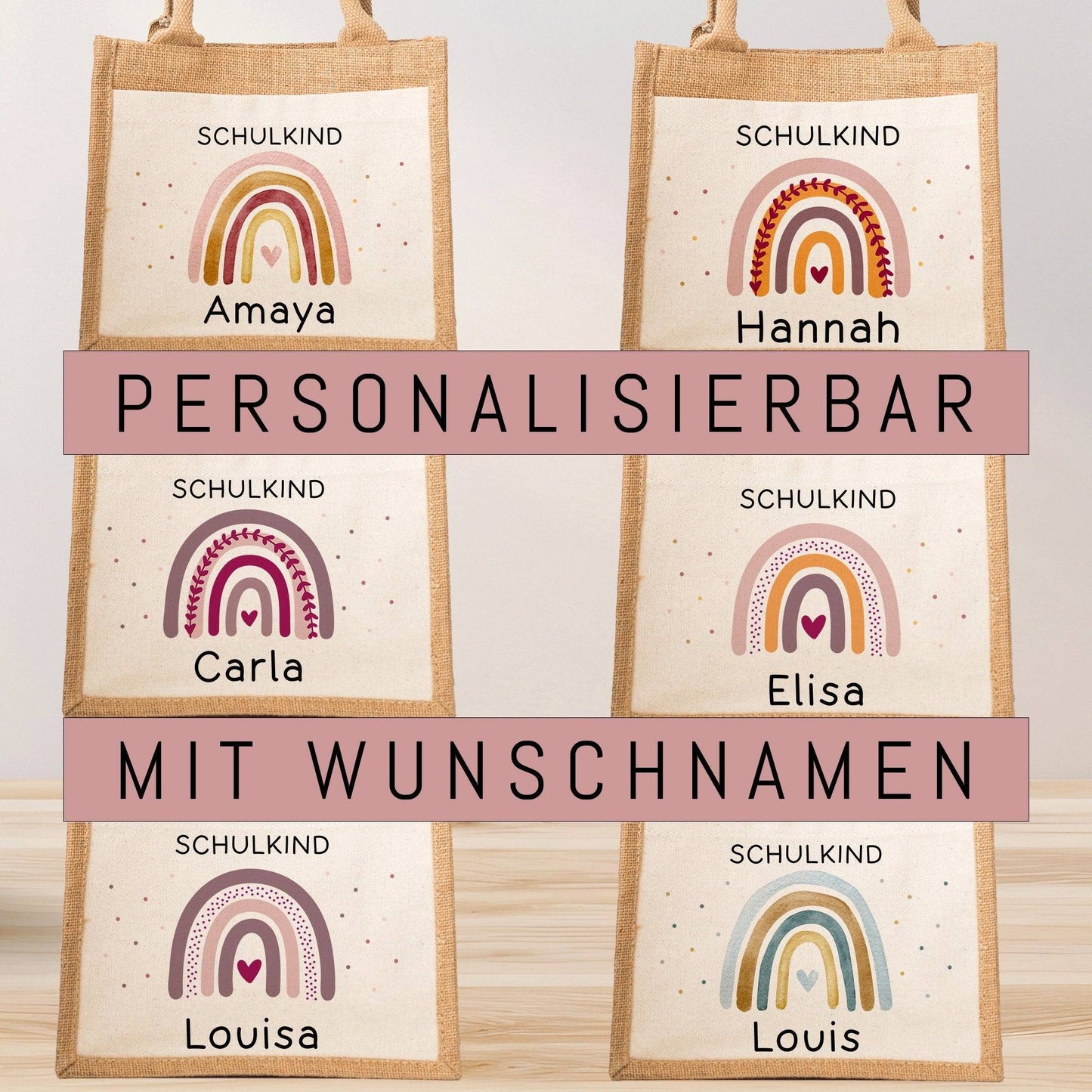 Einschulung Jute Pocket Tasche Personalisiert mit Wunschnamen | Schulkind Regenbogen Herz als Geschenktasche für Schulanfang - 1 Schultag kleinebuchstaben