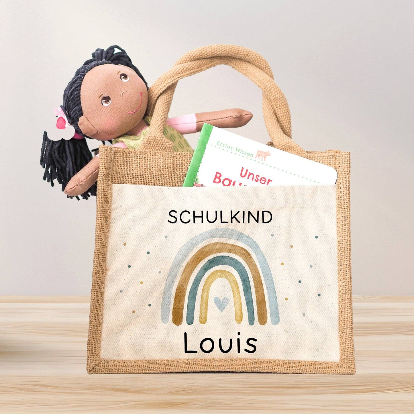 Einschulung Jute Pocket Tasche Personalisiert mit Wunschnamen | Schulkind Regenbogen Herz als Geschenktasche für Schulanfang - 1 Schultag kleinebuchstaben Regenbogen 04