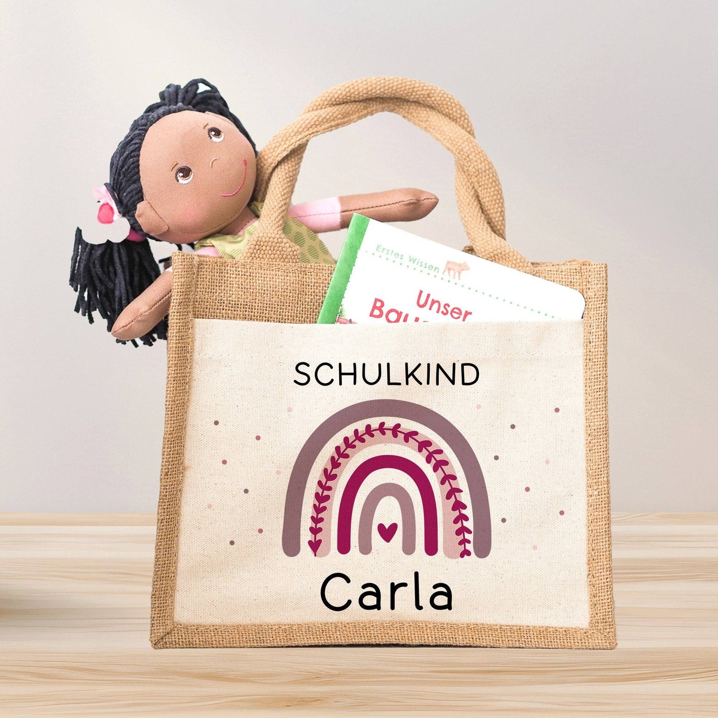 Einschulung Jute Pocket Tasche Personalisiert mit Wunschnamen | Schulkind Regenbogen Herz als Geschenktasche für Schulanfang - 1 Schultag kleinebuchstaben Regenbogen 06