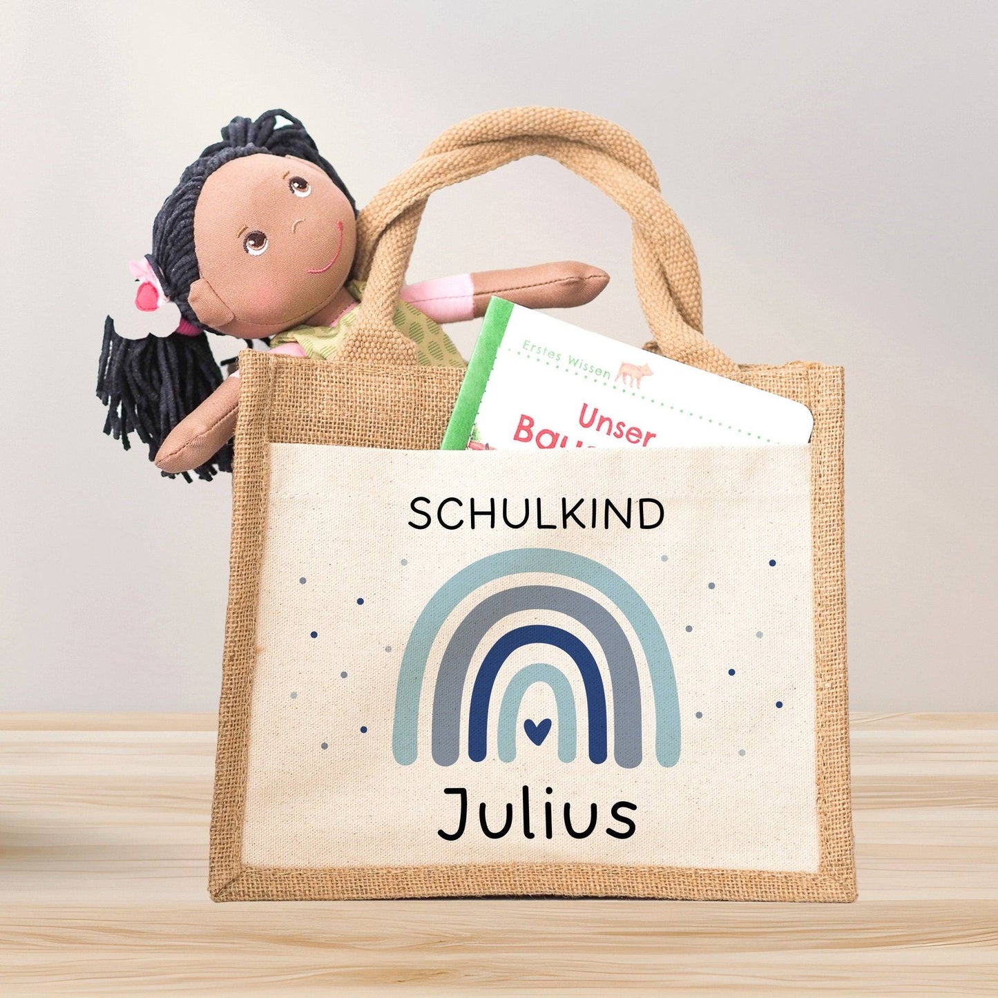 Einschulung Jute Pocket Tasche Personalisiert mit Wunschnamen | Schulkind Regenbogen Herz als Geschenktasche für Schulanfang - 1 Schultag kleinebuchstaben Regenbogen 07