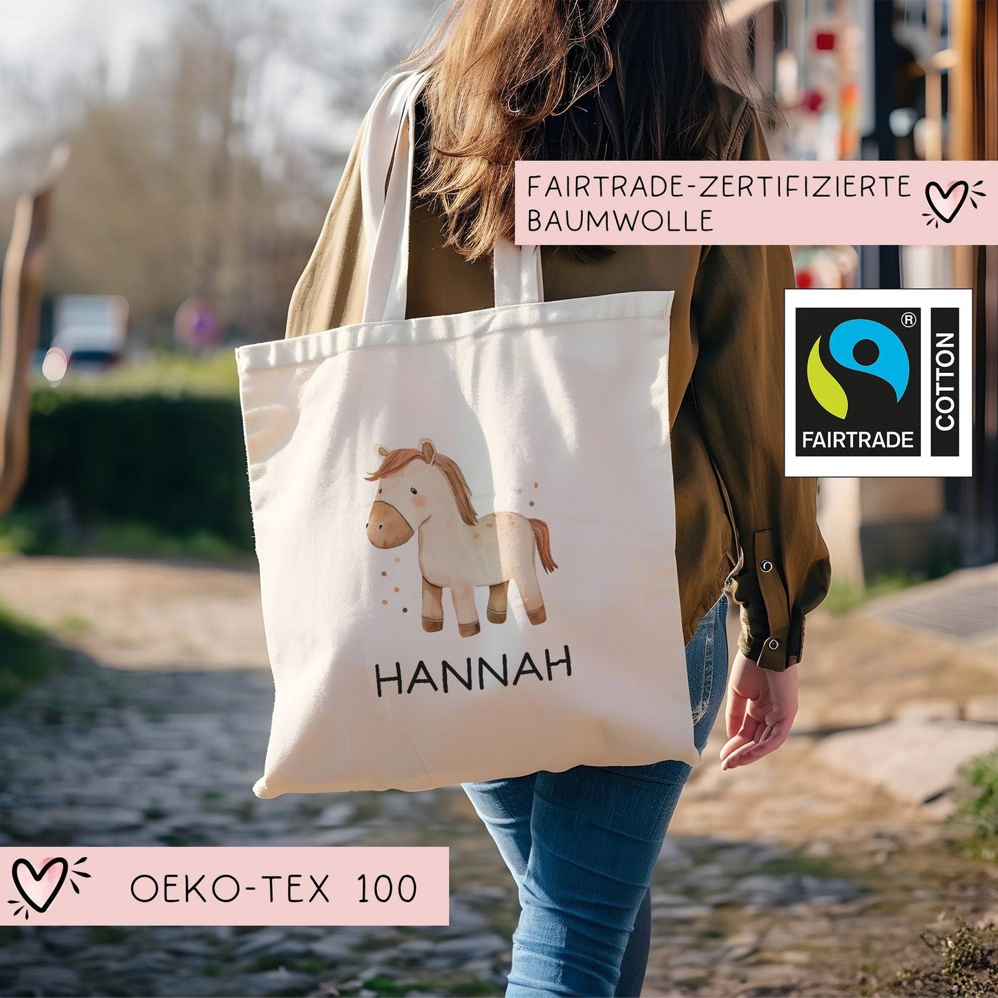 Einschulung Stofftasche mit Namen Pferd personalisiert Kinder-Beutel als Sporttasche, Wechselwäsche, Stoffbeutel Kita, Schule & Kindergarten kleinebuchstaben