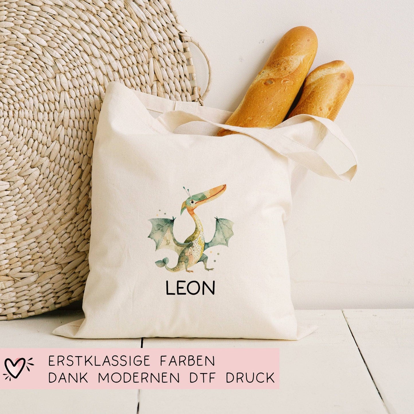 Stofftasche Tasche Dinosaurier Dino Pteranodon personalisiert Kinder-Beutel als Sporttasche, Wechselwäsche, Stoffbeutel Kita, KIGA & Schule kleinebuchstaben