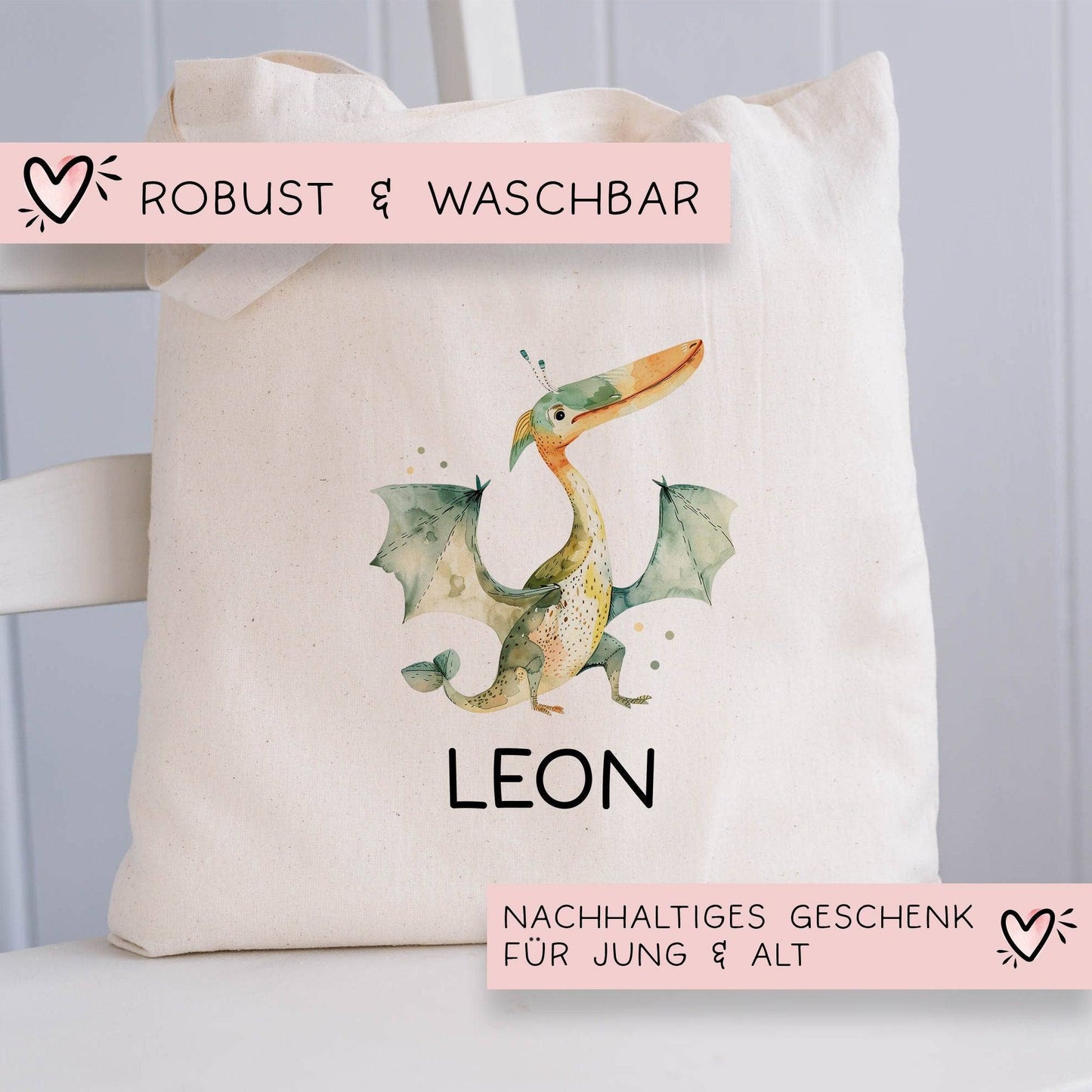 Stofftasche Tasche Dinosaurier Dino Pteranodon personalisiert Kinder-Beutel als Sporttasche, Wechselwäsche, Stoffbeutel Kita, KIGA & Schule kleinebuchstaben