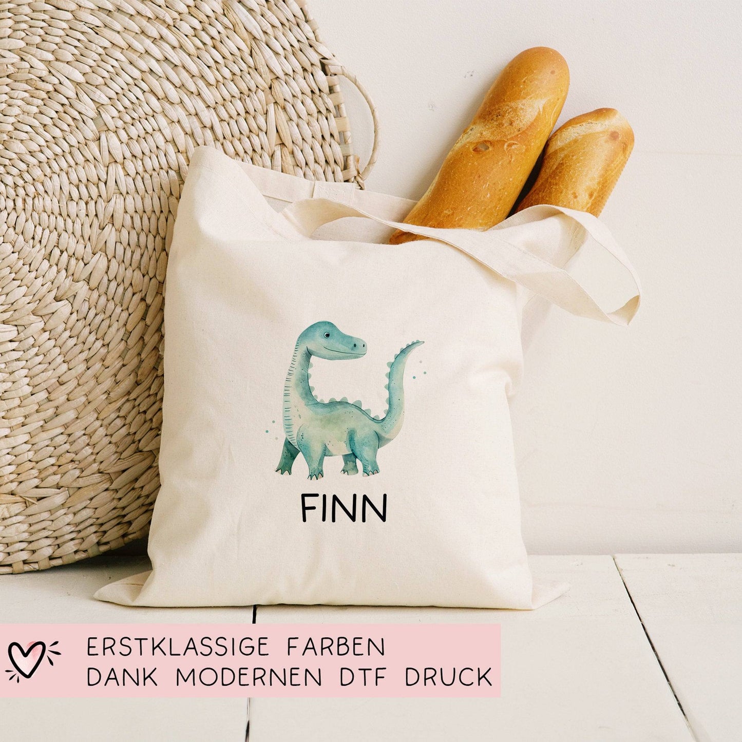 Stoffbeutel Dinosaurier Dino Stofftasche Brontosaurus Tasche personalisiert Kinder-Beutel als Sporttasche, Wechselwäsche, Kita & Schule kleinebuchstaben