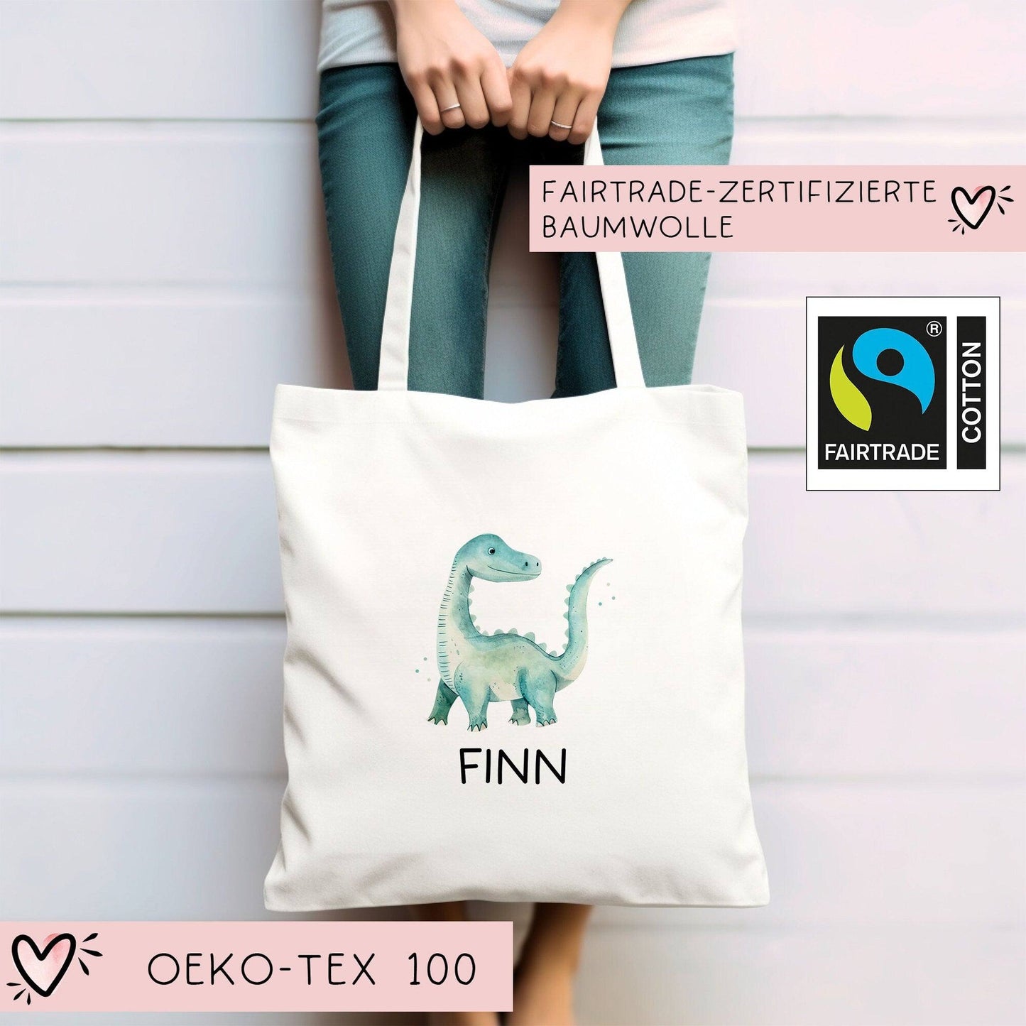 Stoffbeutel Dinosaurier Dino Stofftasche Brontosaurus Tasche personalisiert Kinder-Beutel als Sporttasche, Wechselwäsche, Kita & Schule kleinebuchstaben