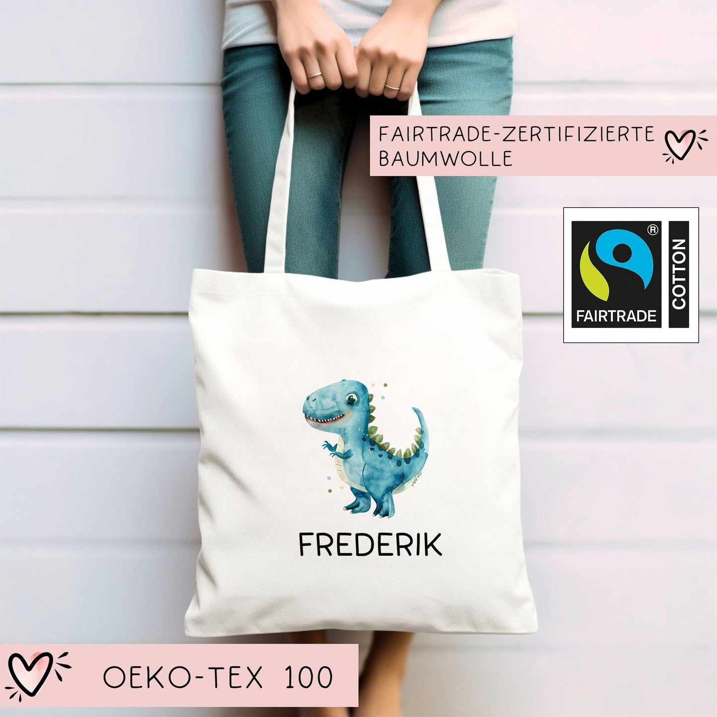 Stoffbeutel Dinosaurier Dino Stofftasche Tyrannosaurus Rex Tasche personalisiert Kinder-Beutel als Sporttasche, Wechselwäsche, Kita & Schule kleinebuchstaben