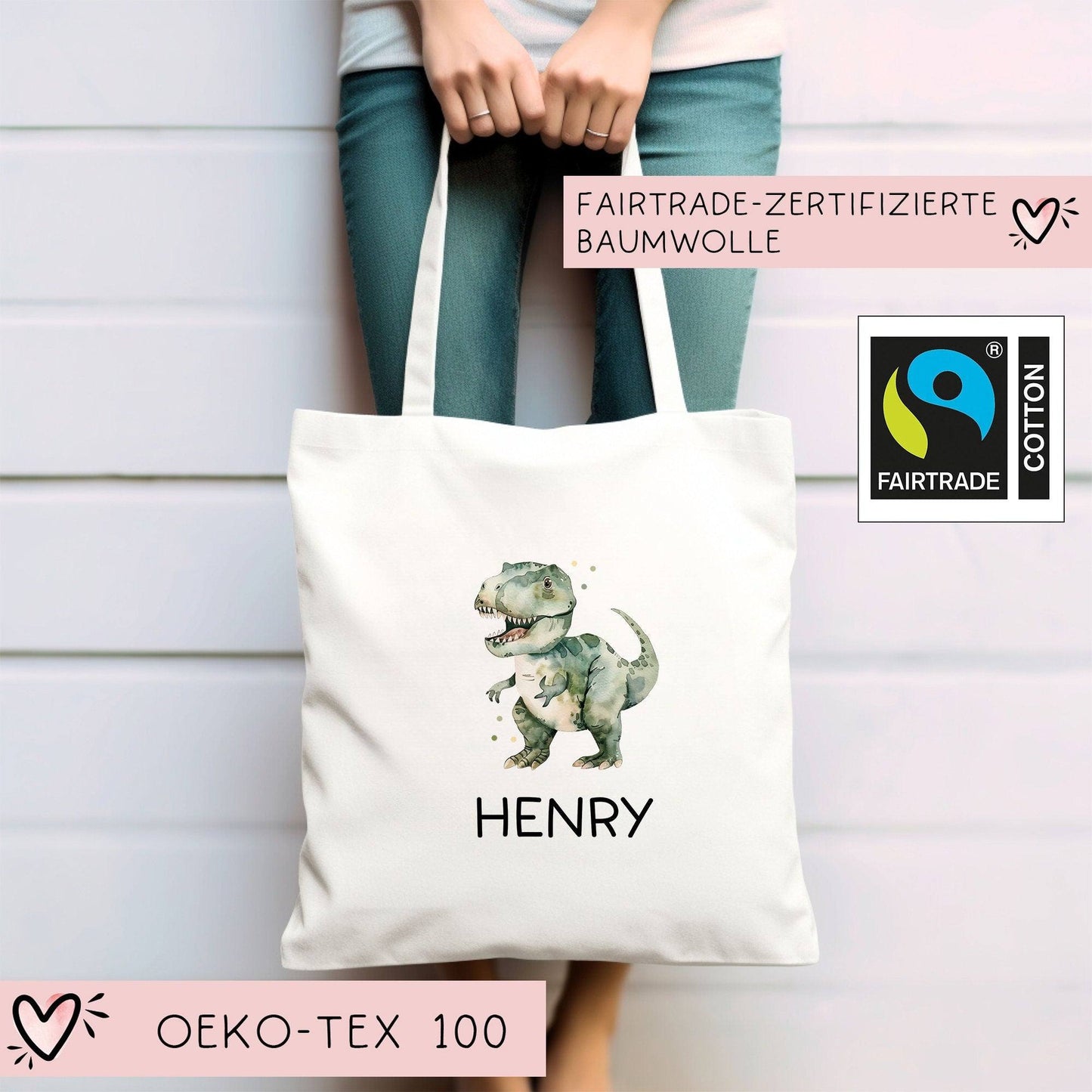 Kinder-Beutel Dinosaurier Dino Stofftasche Tyrannosaurus Rex Tasche personalisiert als Sporttasche, Wechselwäsche, Stoffbeutel Kita & Schule kleinebuchstaben