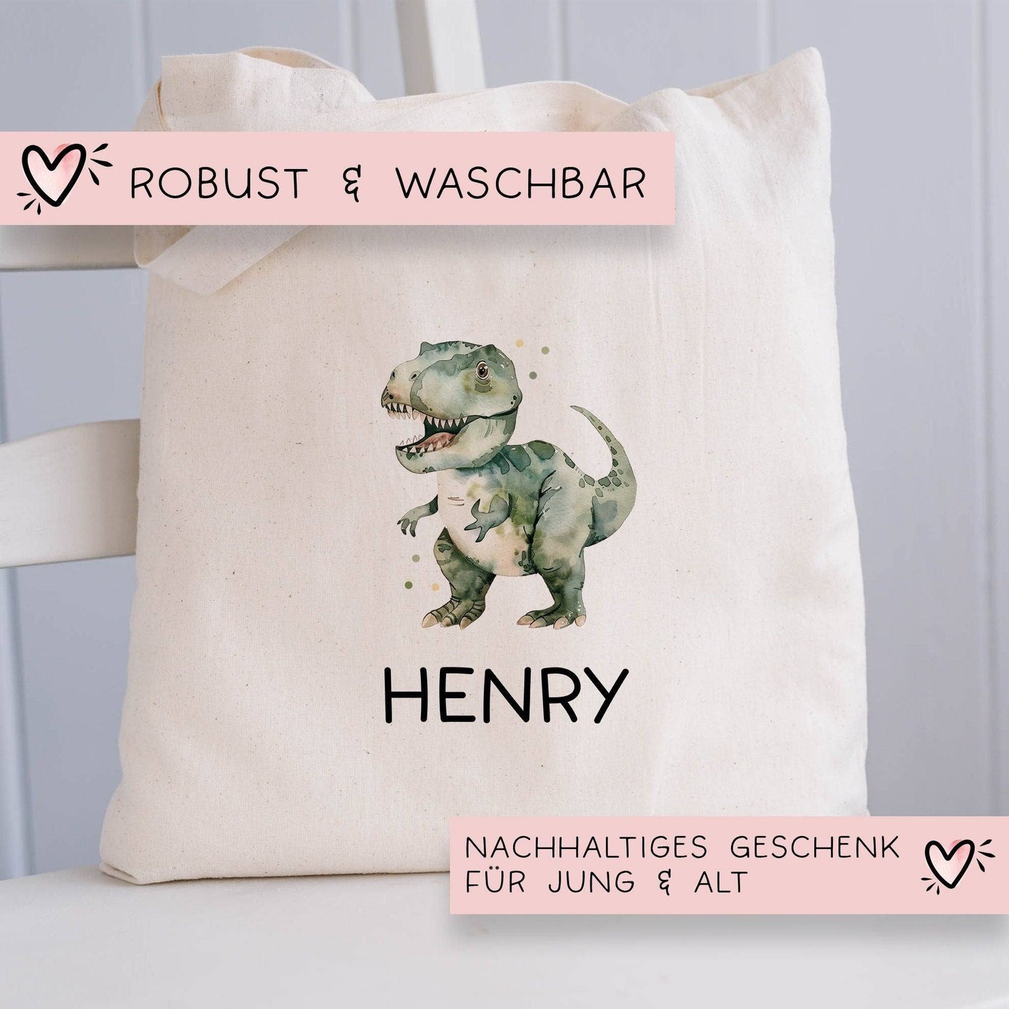 Kinder-Beutel Dinosaurier Dino Stofftasche Tyrannosaurus Rex Tasche personalisiert als Sporttasche, Wechselwäsche, Stoffbeutel Kita & Schule kleinebuchstaben
