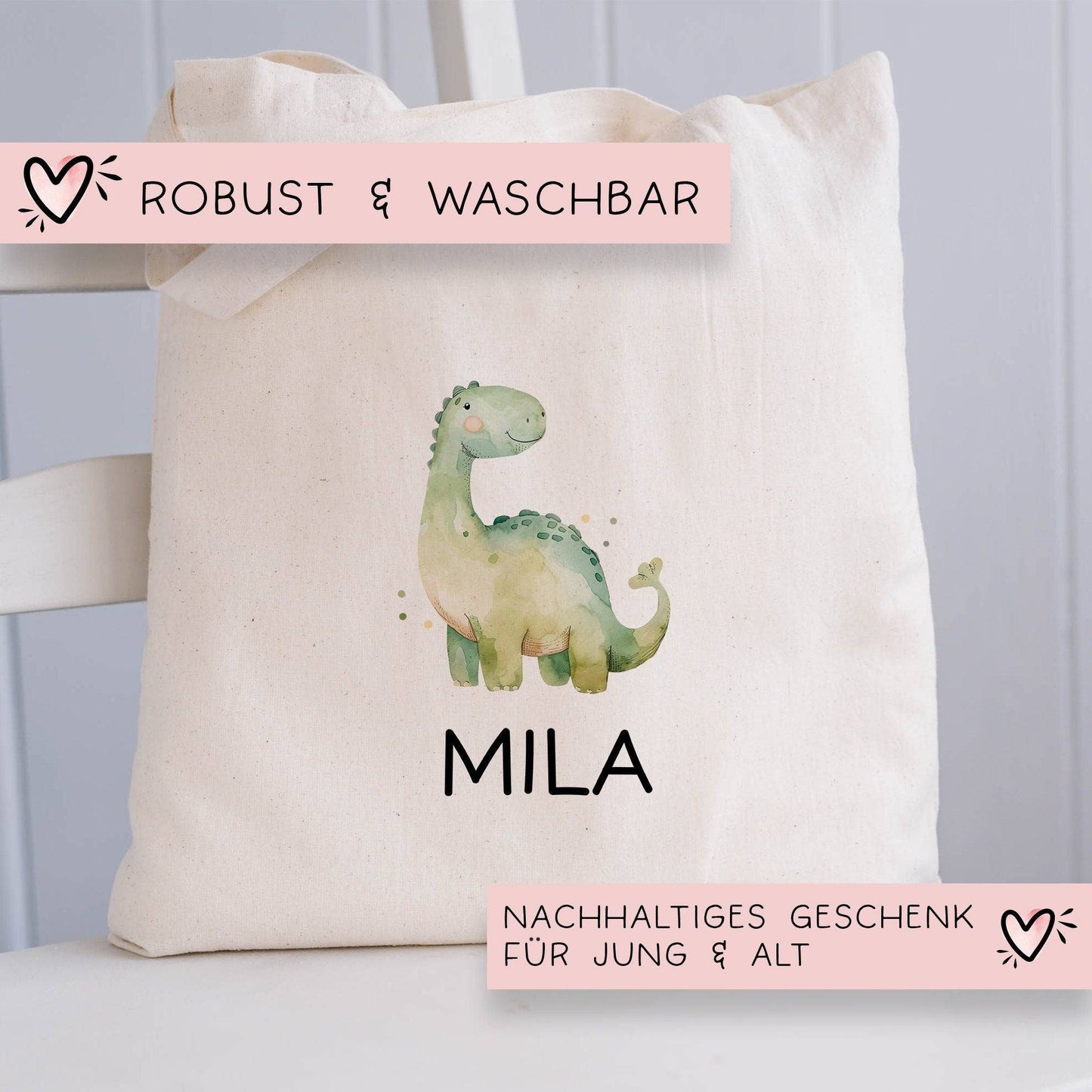 Stoffbeutel Dinosaurier Dino Wunschname Stofftasche Brontosaurus Tasche personalisiert Kinder-Beutel als Sporttasche, Wechselwäsche & Schule kleinebuchstaben