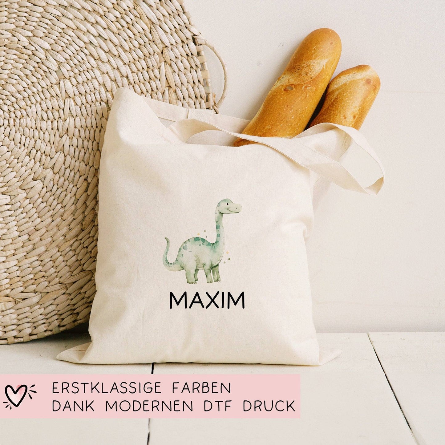 Kinder-Beutel Stoffbeutel Dinosaurier Dino Wunschname Stofftasche Brontosaurus Tasche personalisiert als Sporttasche, Wechselwäsche & Schule kleinebuchstaben