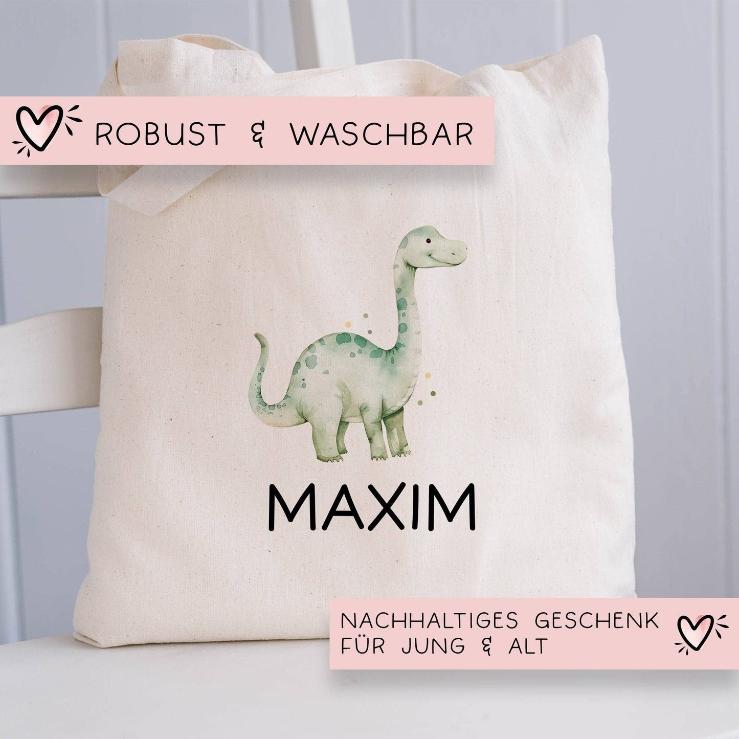 Kinder-Beutel Stoffbeutel Dinosaurier Dino Wunschname Stofftasche Brontosaurus Tasche personalisiert als Sporttasche, Wechselwäsche & Schule kleinebuchstaben