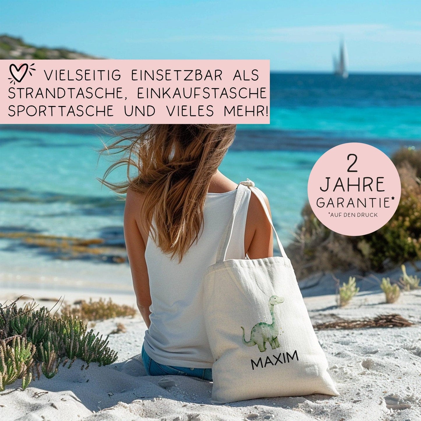 Kinder-Beutel Stoffbeutel Dinosaurier Dino Wunschname Stofftasche Brontosaurus Tasche personalisiert als Sporttasche, Wechselwäsche & Schule kleinebuchstaben