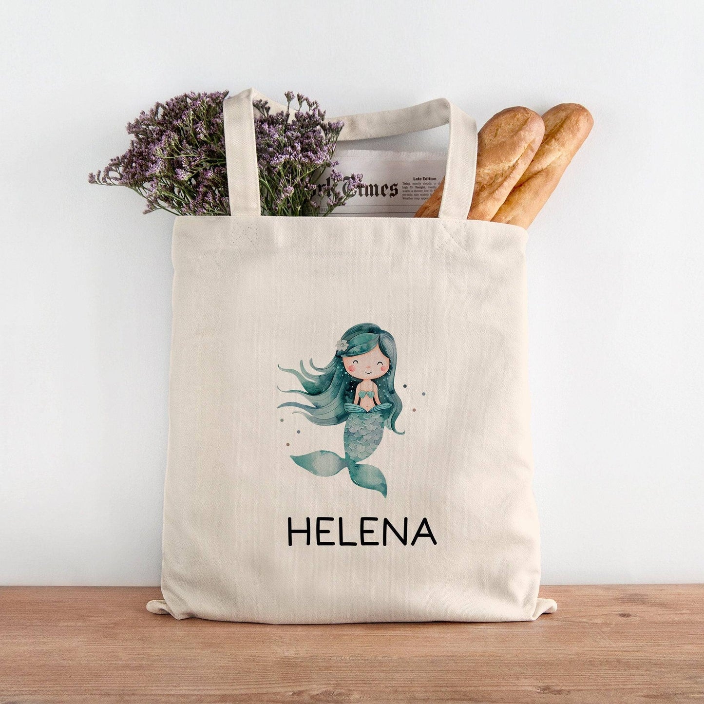 Stofftasche Meerjungfrau Personalisiert mit Wunschnamen Kinder-Beutel für Schule, Kindergarten, Wäschebeutel, Sportbeutel, Wechselwäsche kleinebuchstaben